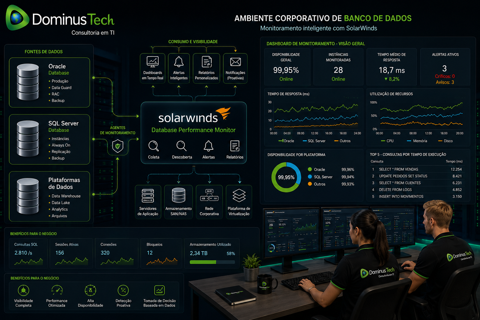 Ambiente corporativo de banco de dados com monitoramento centralizado via SolarWinds, exibindo indicadores de desempenho, disponibilidade, utilização de recursos, consultas SQL e plataformas de dados conectadas, acompanhado por especialistas da Dominus Tech.