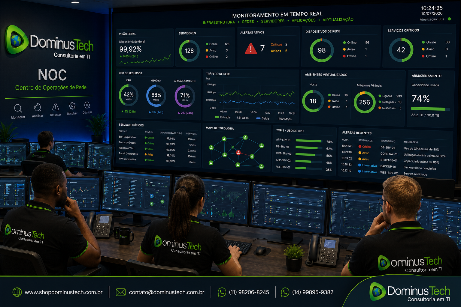 Centro de Operações de Rede (NOC) da Dominus Tech com analistas monitorando dashboards em tempo real de servidores, redes, armazenamento, ambientes virtualizados, aplicações e infraestrutura corporativa.