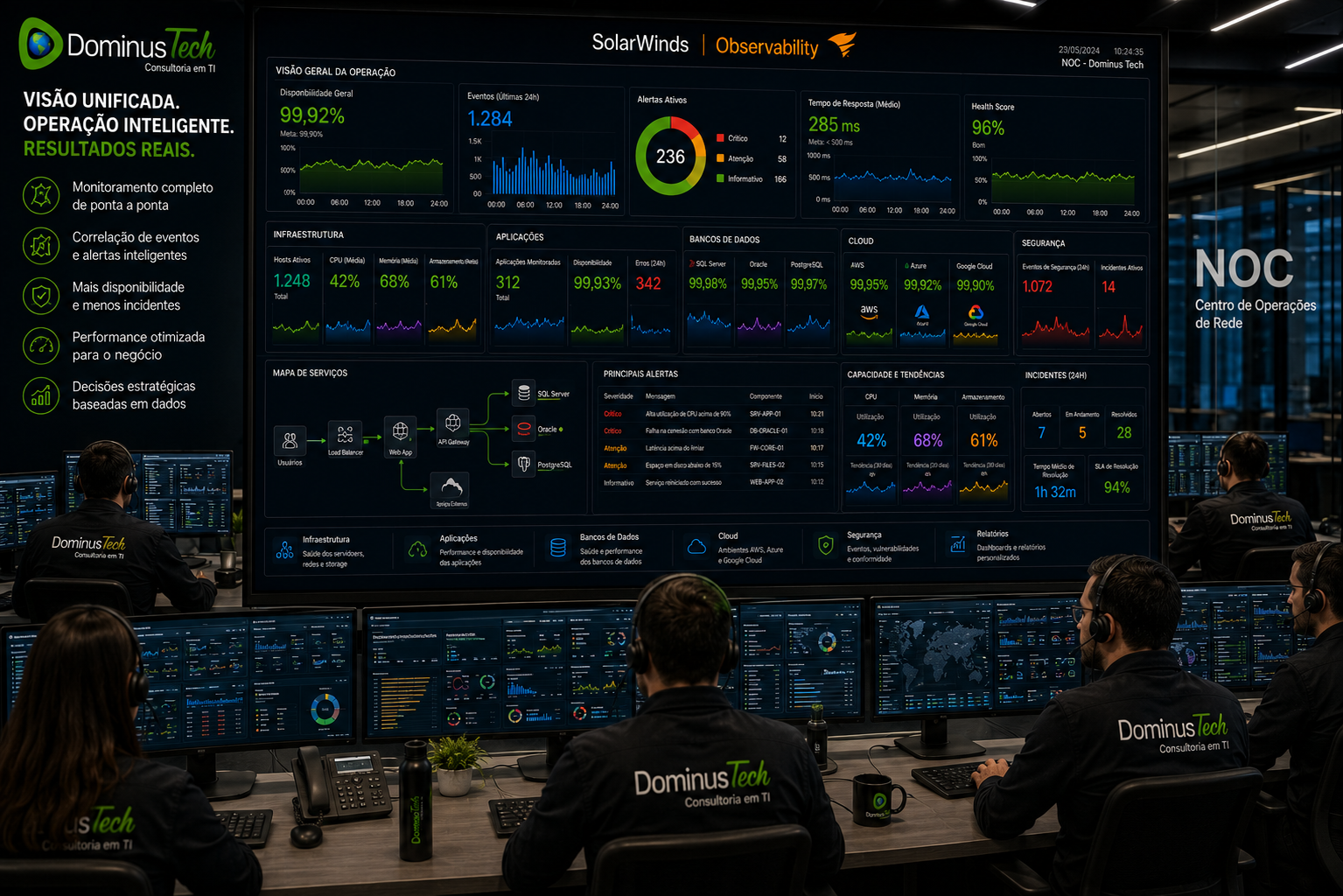 Equipe da Dominus Tech em um Centro de Operações de Rede (NOC) monitorando um grande painel de observabilidade com indicadores de infraestrutura, aplicações, bancos de dados, cloud, segurança, desempenho e disponibilidade em tempo real.