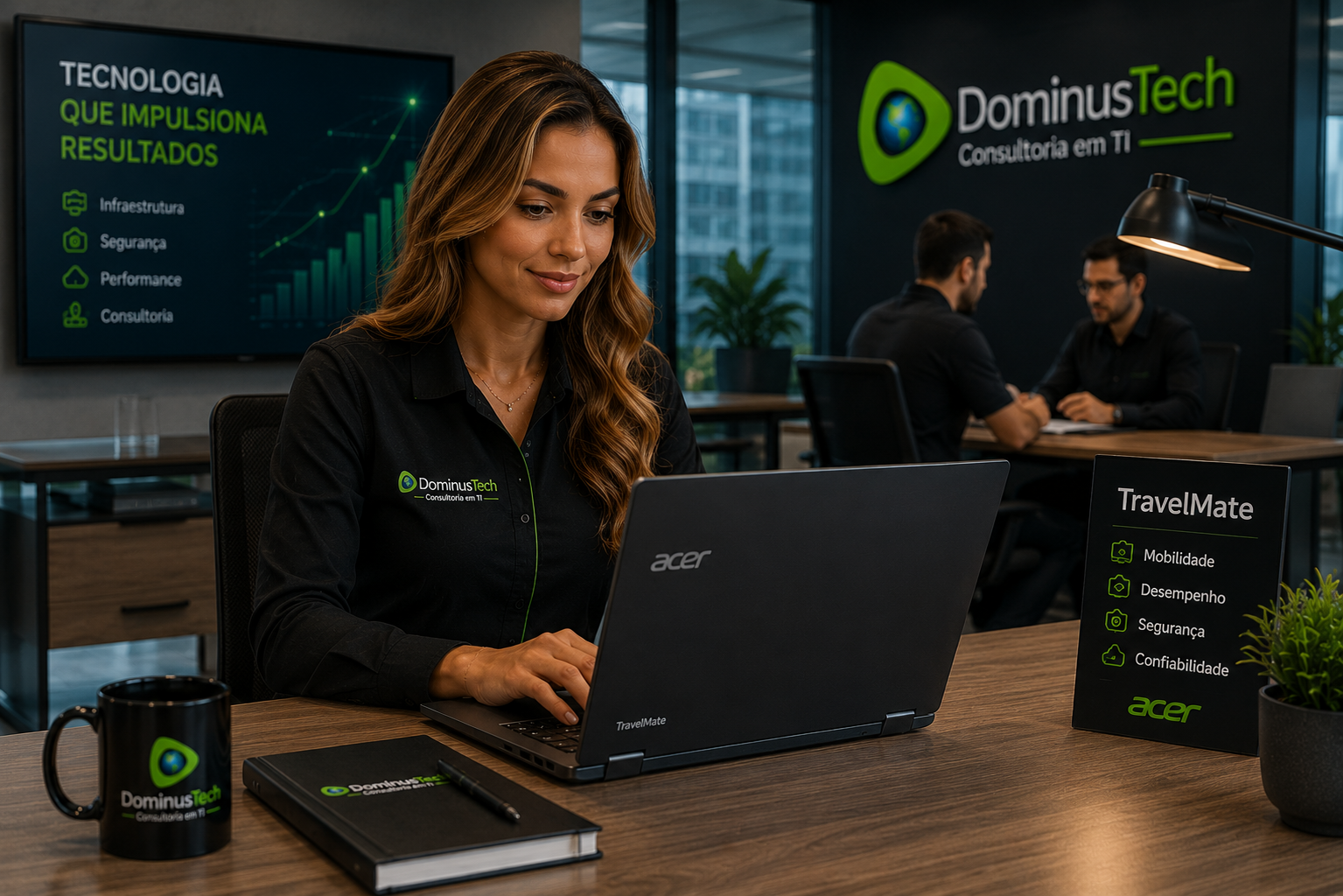 Profissional da Dominus Tech utilizando notebook Acer TravelMate em ambiente corporativo moderno, destacando mobilidade, desempenho e produtividade para empresas.