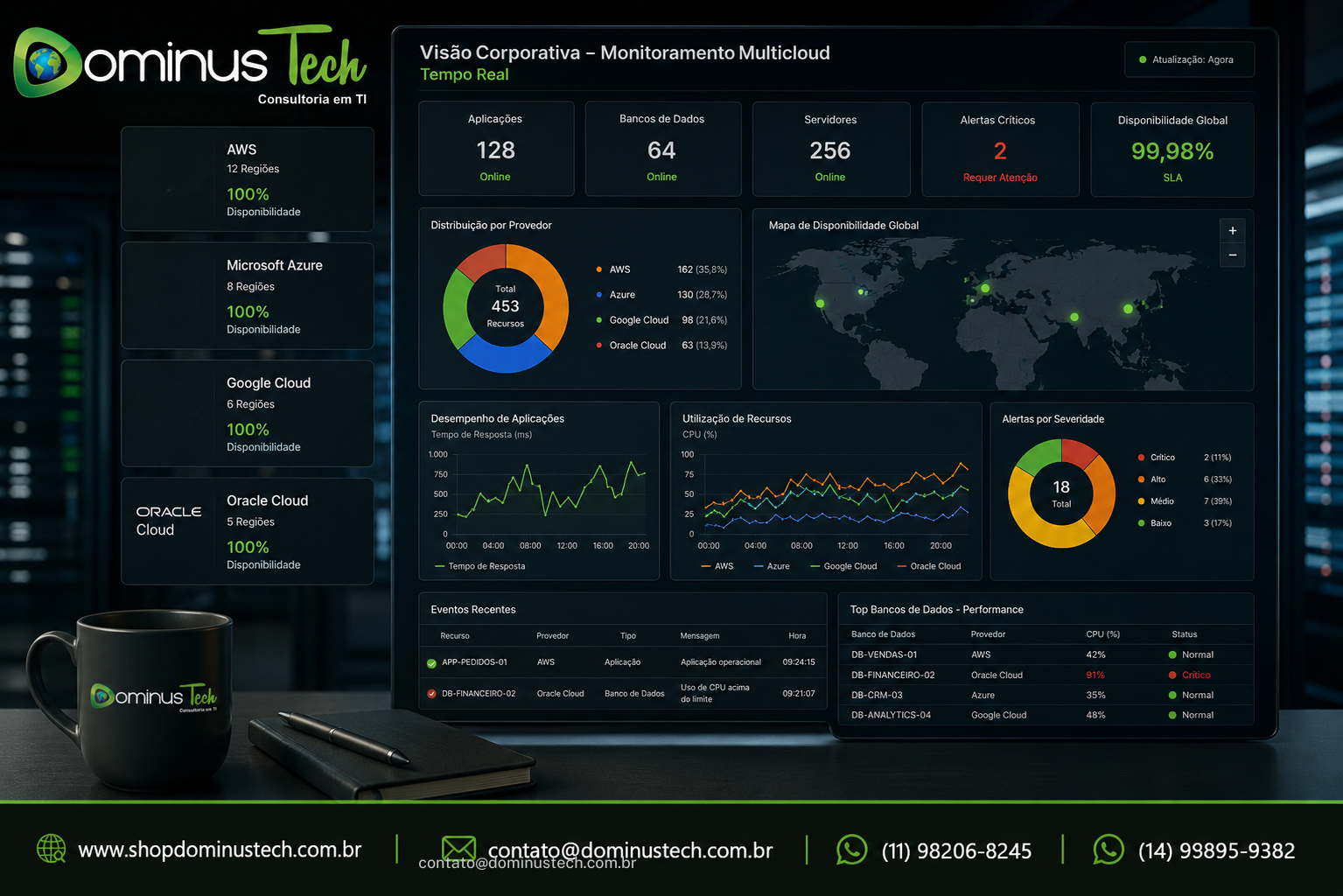 Dashboard do SolarWinds Observability monitorando clusters Kubernetes distribuídos entre AWS, Microsoft Azure e Google Cloud Platform, exibindo métricas em tempo real de pods, containers, nodes, serviços, utilização de recursos e status operacional.