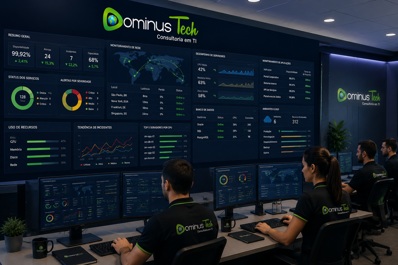 Painel corporativo de observabilidade da Dominus Tech mostrando monitoramento em tempo real de redes, servidores, aplicações, bancos de dados, ambientes cloud e indicadores de desempenho analisados por especialistas em tecnologia da informação.
