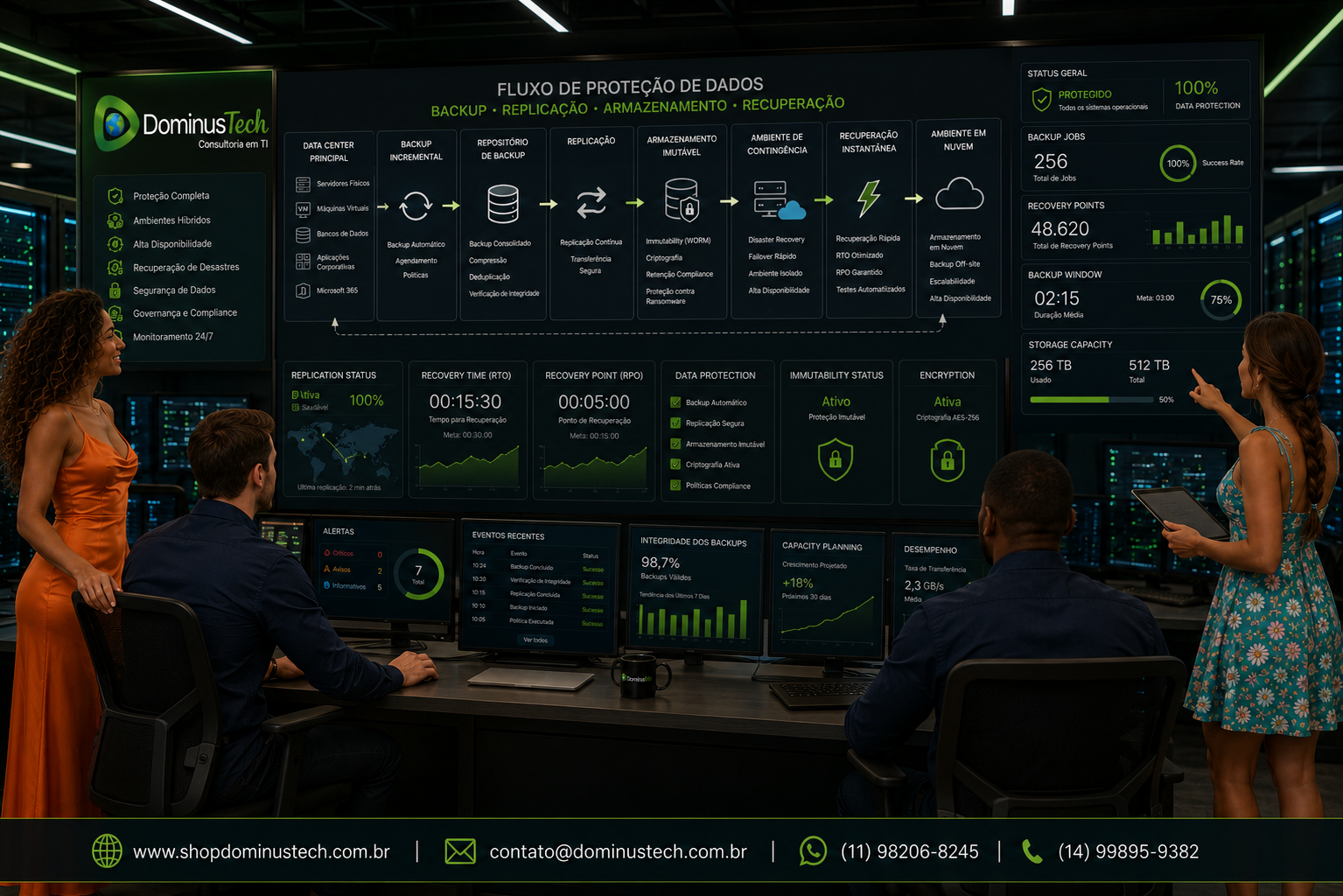 Painel corporativo demonstrando o fluxo de backup, replicação, armazenamento e recuperação de dados entre data center, ambiente em nuvem e site de contingência, com dashboards de proteção de dados e infraestrutura de TI.