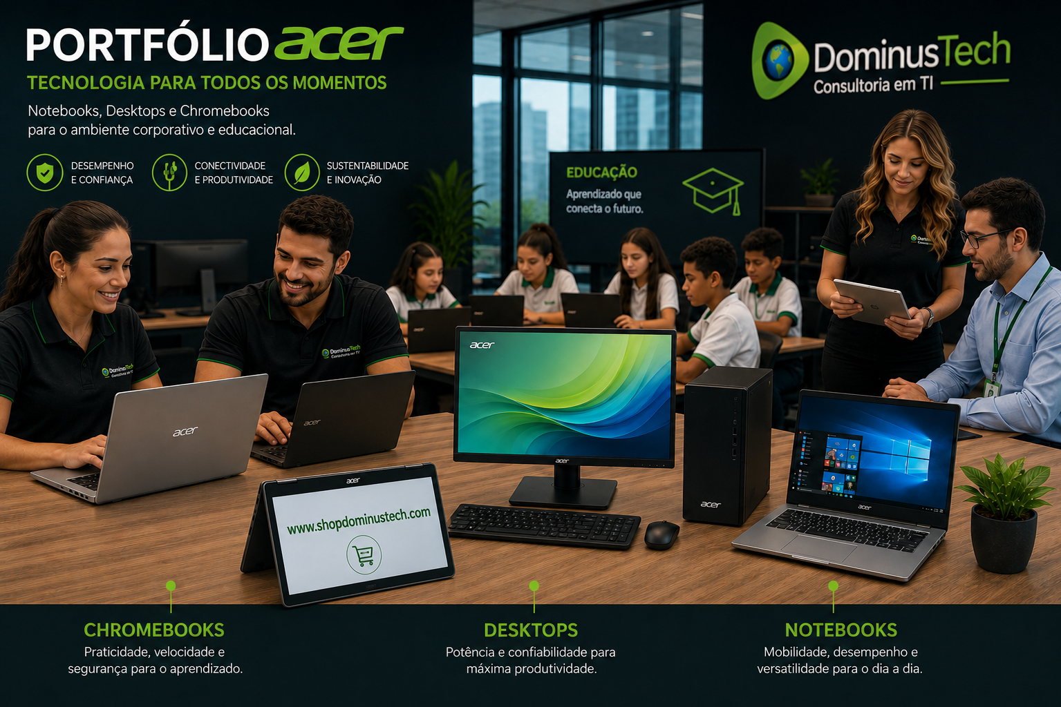 Portfólio Acer com notebooks, desktops e Chromebooks organizados em ambiente corporativo e educacional, destacando soluções de tecnologia para empresas, escritórios, escolas e instituições de ensino.