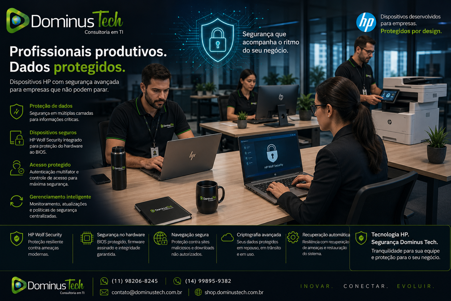 Profissionais utilizando notebooks, desktops e dispositivos HP protegidos por recursos avançados de segurança em ambiente corporativo moderno, com soluções empresariais implementadas pela Dominus Tech.