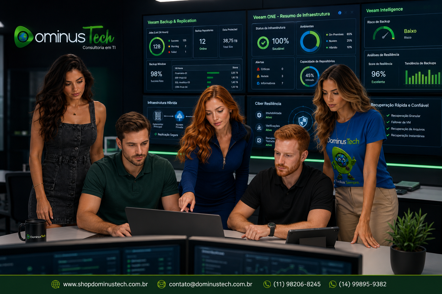 Profissionais de TI da Dominus Tech monitorando um ambiente corporativo protegido pela plataforma Veeam, acompanhando dashboards de backup, recuperação de dados, infraestrutura híbrida, nuvem e indicadores de resiliência cibernética em um centro de operações de TI.