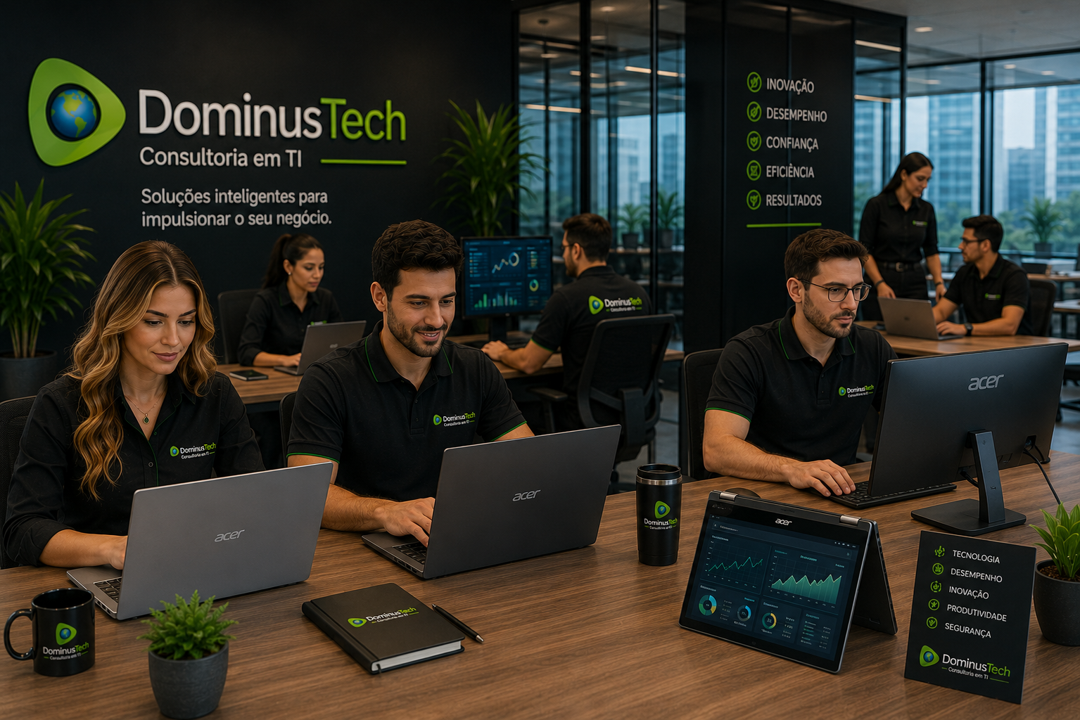 Profissionais da Dominus Tech utilizando notebooks, desktop e equipamentos Acer em ambiente corporativo moderno, promovendo produtividade, colaboração e soluções de tecnologia para empresas.