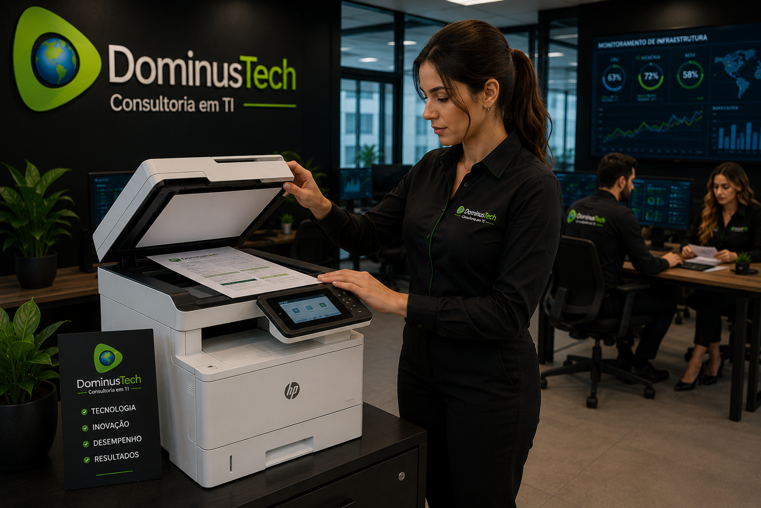 Profissional da Dominus Tech digitalizando documentos em uma multifuncional HP corporativa em escritório moderno, demonstrando eficiência na gestão eletrônica de documentos e processos empresariais. Impressoras HP para Empresas