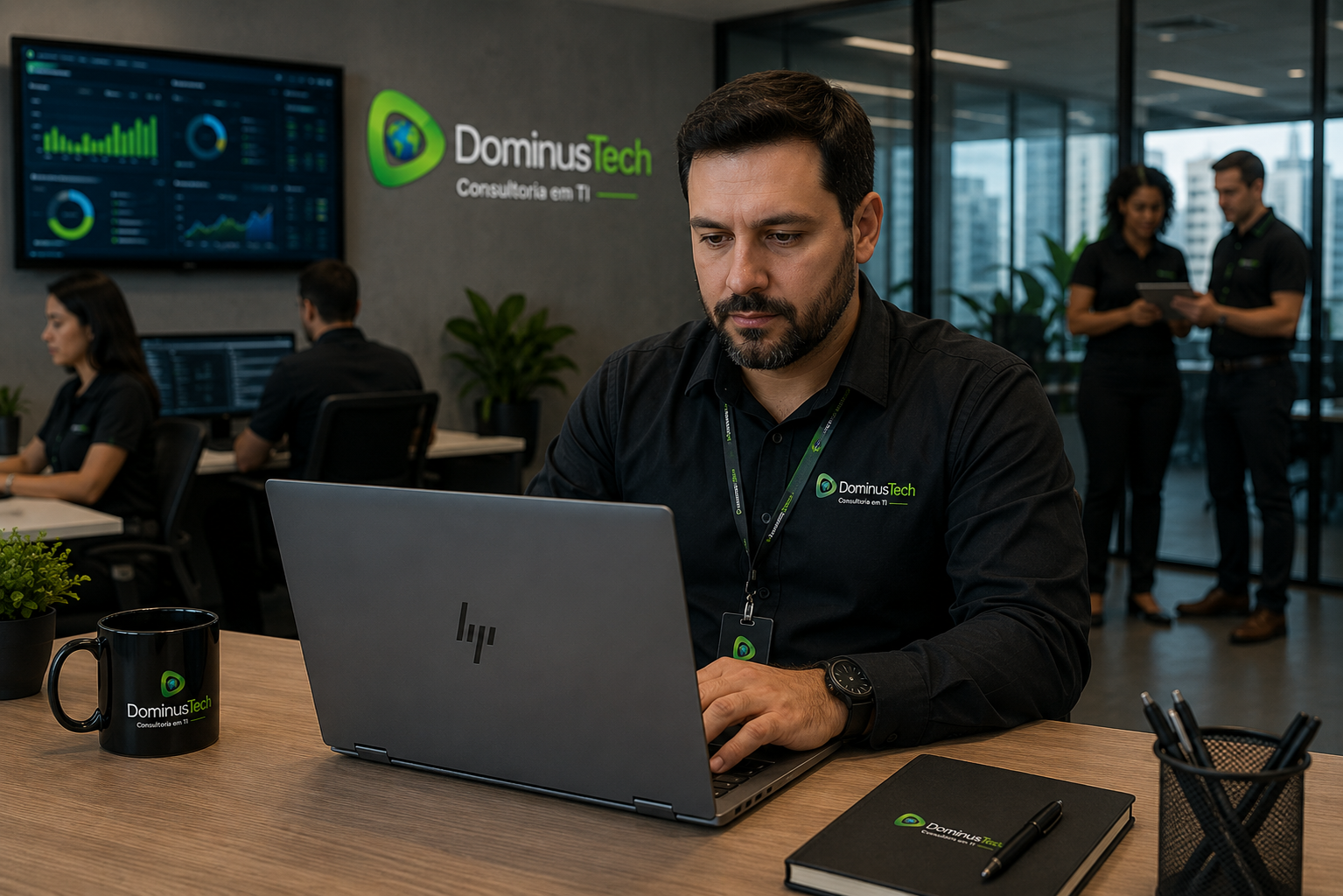 Profissional utilizando notebook HP corporativo em escritório moderno da Dominus Tech, desenvolvendo atividades empresariais em ambiente tecnológico com foco em produtividade, segurança e colaboração.