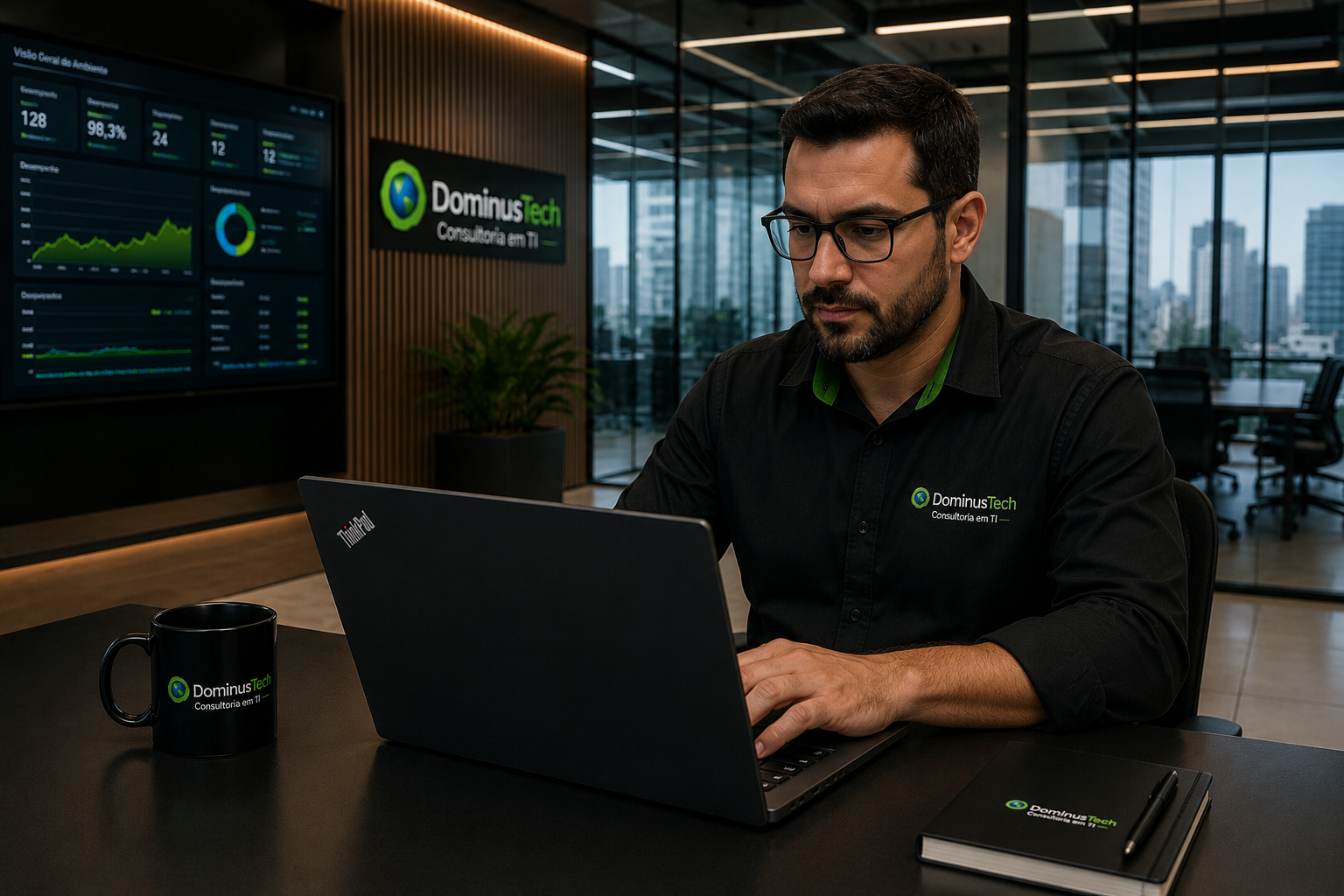 Profissional utilizando notebook Lenovo ThinkPad em ambiente corporativo moderno, representando mobilidade, produtividade, segurança da informação e soluções empresariais da Dominus Tech. Lenovo Notebooks Corporativos