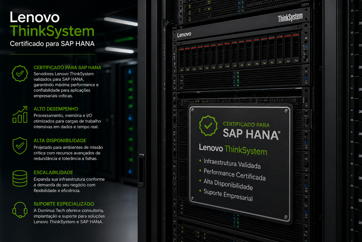 Servidor Lenovo ThinkSystem certificado para SAP HANA instalado em rack de um moderno data center corporativo, oferecendo alto desempenho, escalabilidade e alta disponibilidade para aplicações empresariais críticas com suporte da Dominus Tech.