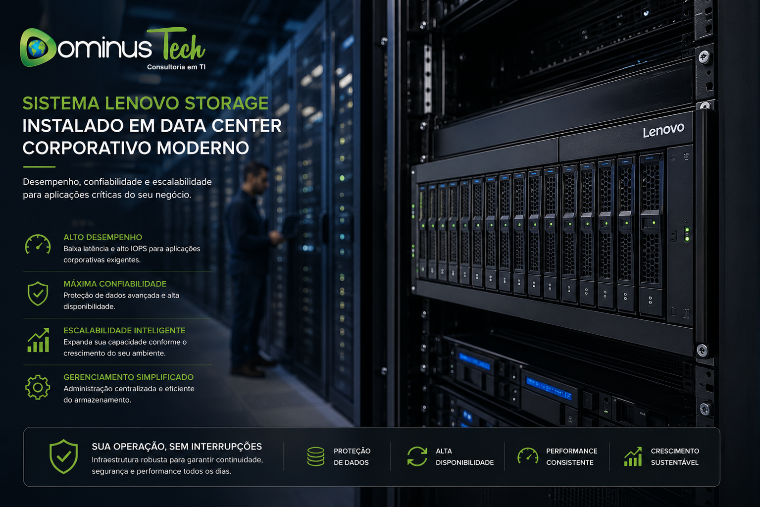 Sistema Lenovo Storage instalado em um data center corporativo moderno, fornecendo alta disponibilidade, desempenho, escalabilidade e proteção de dados para aplicações críticas empresariais, em projeto da Dominus Tech.