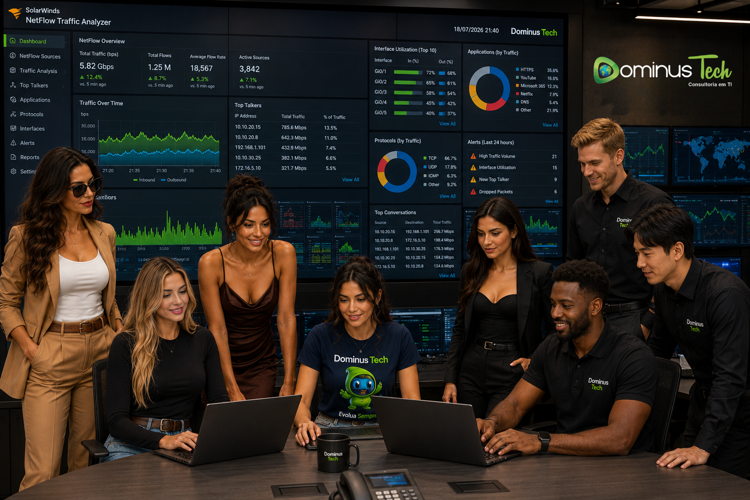 Equipe da Dominus Tech operando o SolarWinds NetFlow Traffic Analyzer em um Centro de Operações de Rede (NOC), monitorando fluxos de rede, Top Talkers, utilização de interfaces, aplicações, protocolos e desempenho da infraestrutura em tempo real. Os painéis exibem apenas textos dos ambientes tecnológicos, sem logotipos.