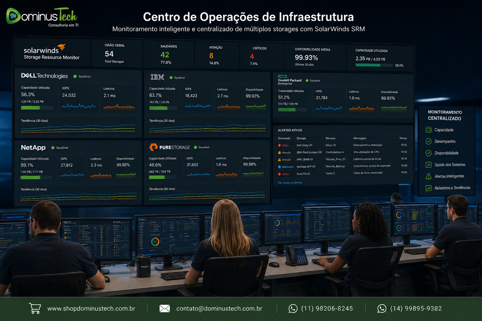 Centro de operações de TI utilizando o SolarWinds Storage Resource Monitor (SRM) para monitorar múltiplos sistemas de armazenamento corporativo, com dashboards de capacidade, desempenho, disponibilidade, utilização de storage, IOPS, latência e alertas em tempo real.