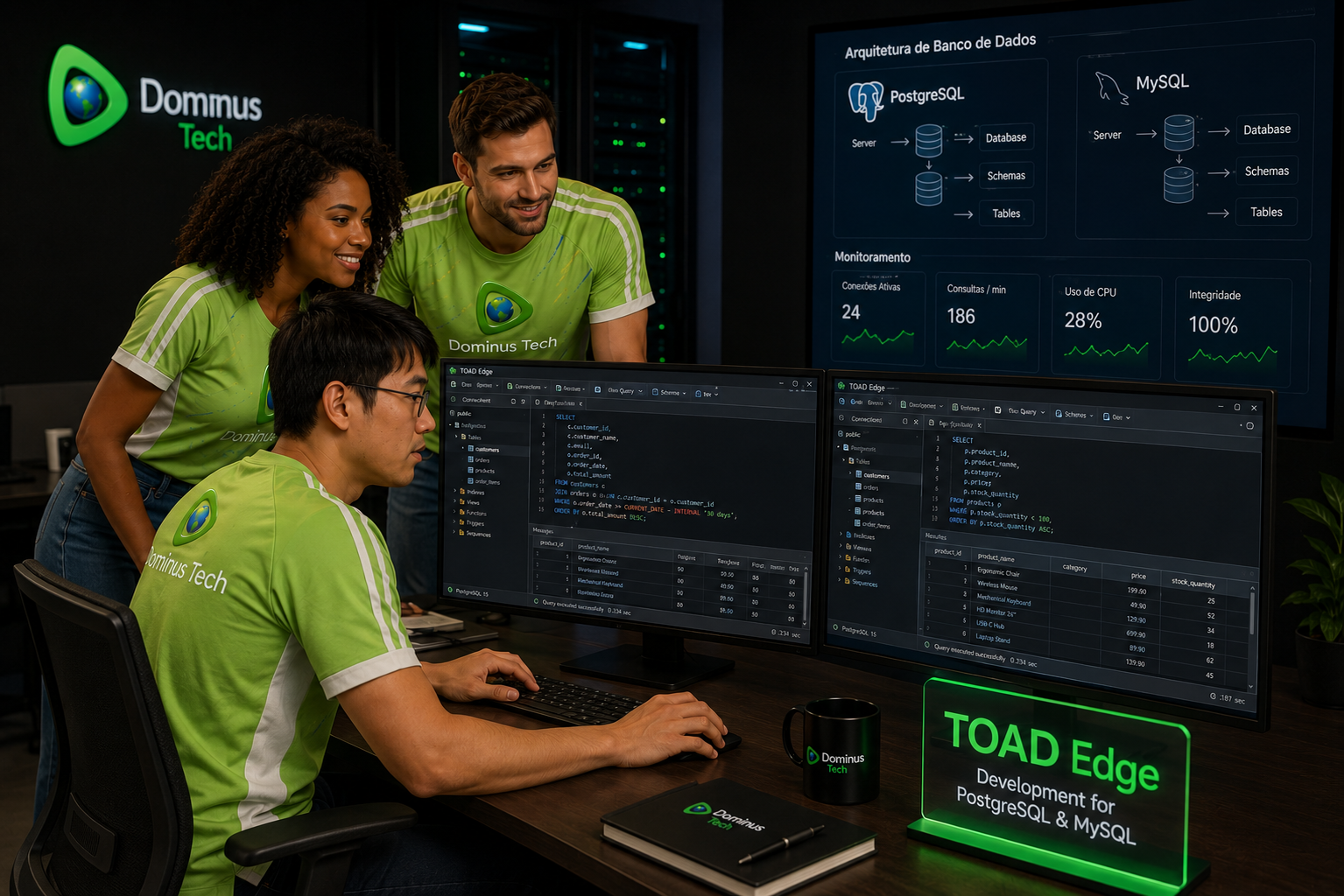 Profissional de banco de dados da Dominus Tech utilizando o Toad Edge para desenvolvimento PostgreSQL e MySQL em ambiente corporativo, com múltiplos monitores exibindo consultas SQL, estruturas de banco de dados, dashboards técnicos e arquitetura de desenvolvimento.