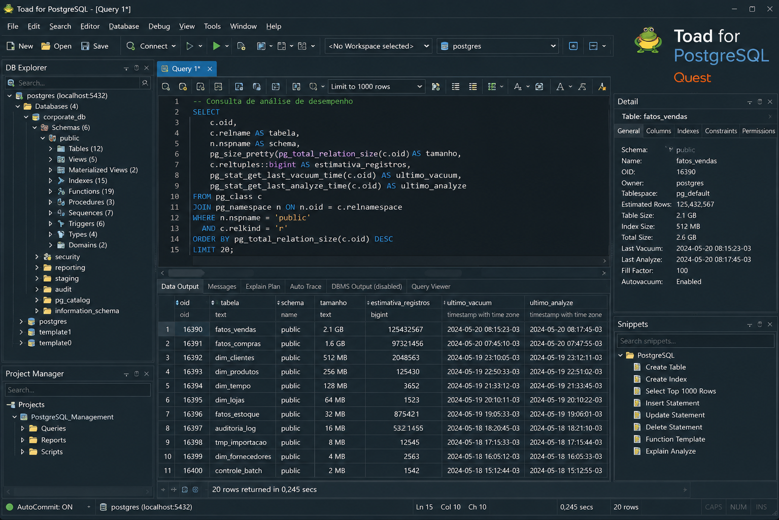 Interface do Toad for PostgreSQL exibindo consultas SQL, explorer de objetos e resultados de banco de dados em ambiente corporativo