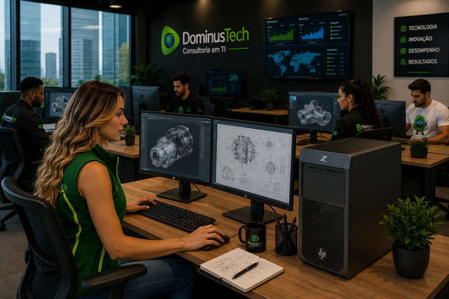 Profissionais de engenharia e design utilizando uma Workstation HP Z em escritório corporativo moderno, trabalhando com projetos CAD, modelagem 3D e desenvolvimento técnico em ambiente colaborativo.