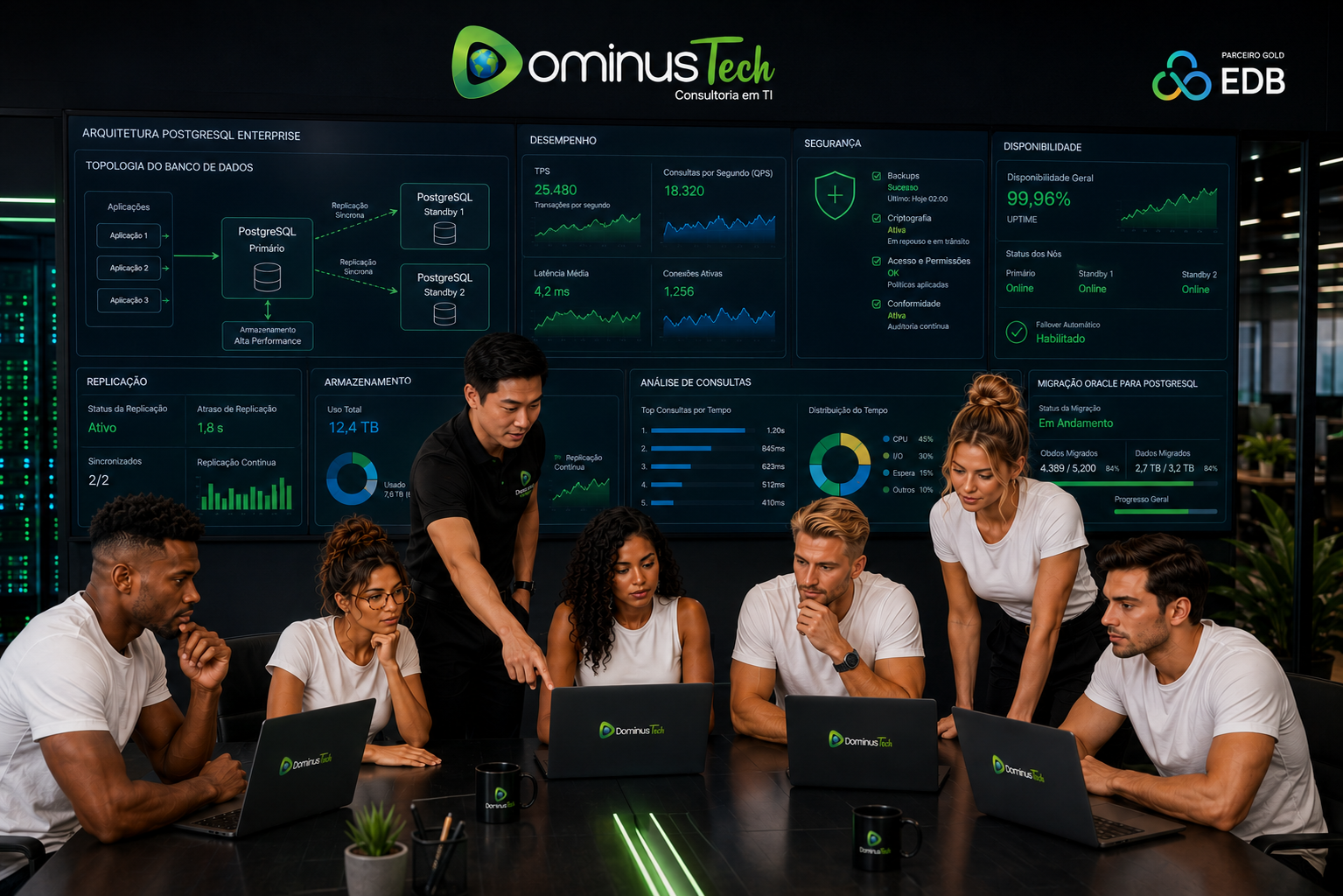 Equipe Dominus Tech analisando arquitetura PostgreSQL Enterprise em centro de operações com dashboards de desempenho, segurança, disponibilidade, replicação e armazenamento. Vantagens do EDB Postgres