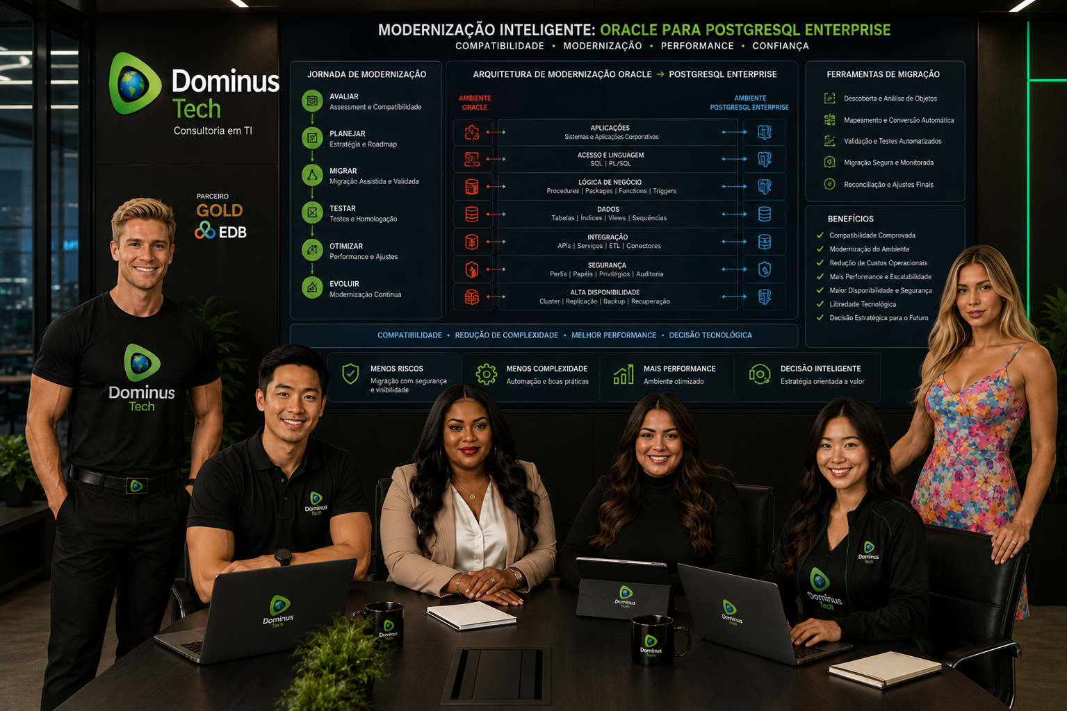 Equipe da Dominus Tech reunida em ambiente corporativo moderno diante de uma arquitetura de modernização de Oracle para PostgreSQL Enterprise, com aplicações, SQL, PL/SQL, procedures, packages, dados, integração, segurança e alta disponibilidade.