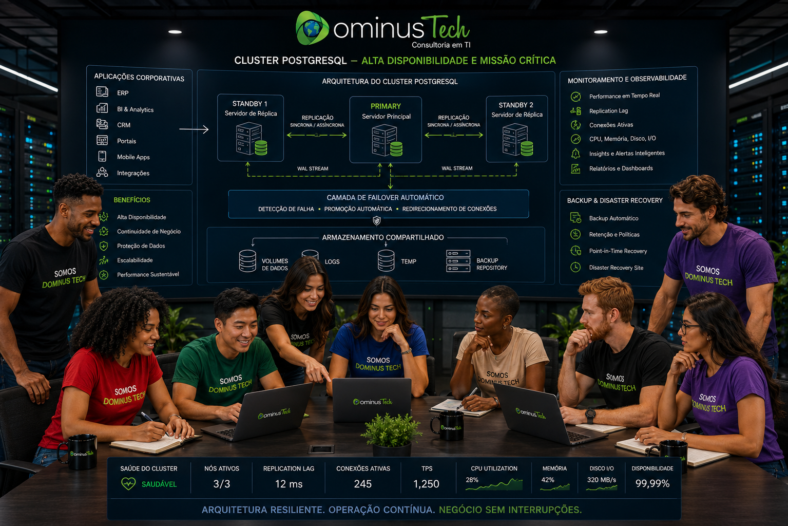 Equipe Dominus Tech analisando arquitetura de Cluster PostgreSQL com servidor Primary, múltiplos Standbys, replicação, failover, backup e Disaster Recovery