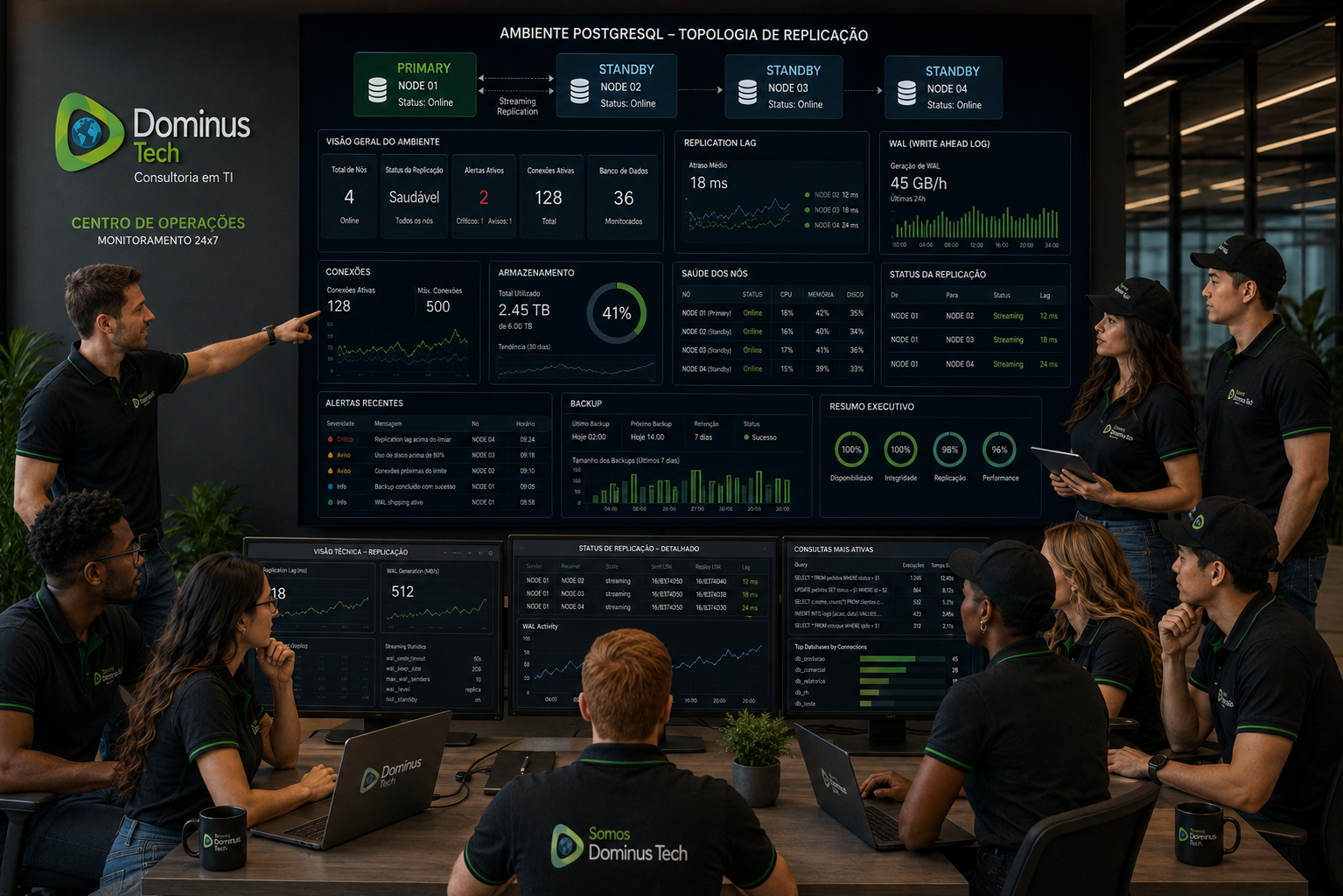 Equipe Dominus Tech acompanhando dashboards de um ambiente PostgreSQL com arquitetura Primary e múltiplos Standbys, monitorando replication lag, WAL, conexões, armazenamento, saúde dos nós e status de replicação.