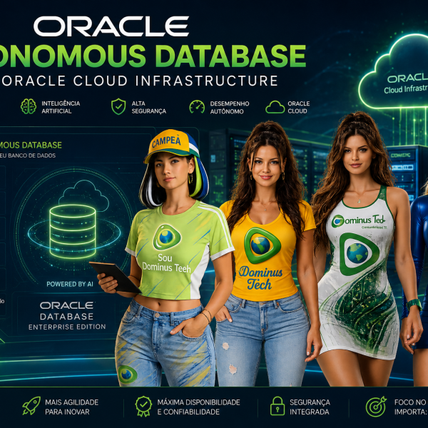 Equipe Dominus Tech apresentando Oracle Autonomous Database em Oracle Cloud Infrastructure com recursos de automação, inteligência artificial e segurança corporativa.