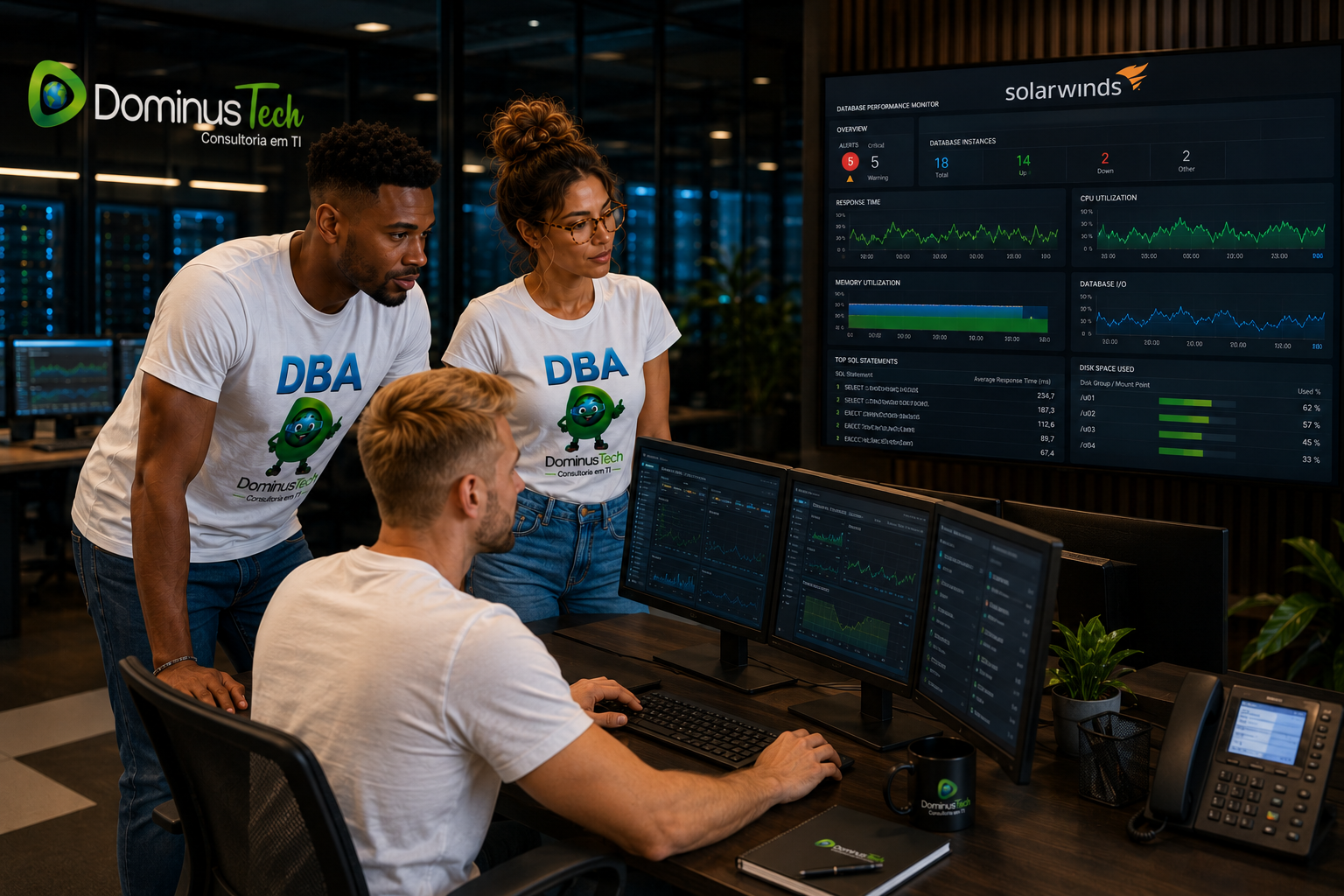 Administrador de banco de dados da Dominus Tech analisando dashboards SolarWinds com métricas de desempenho, disponibilidade, consultas SQL, CPU, memória, armazenamento e alertas em tempo real.