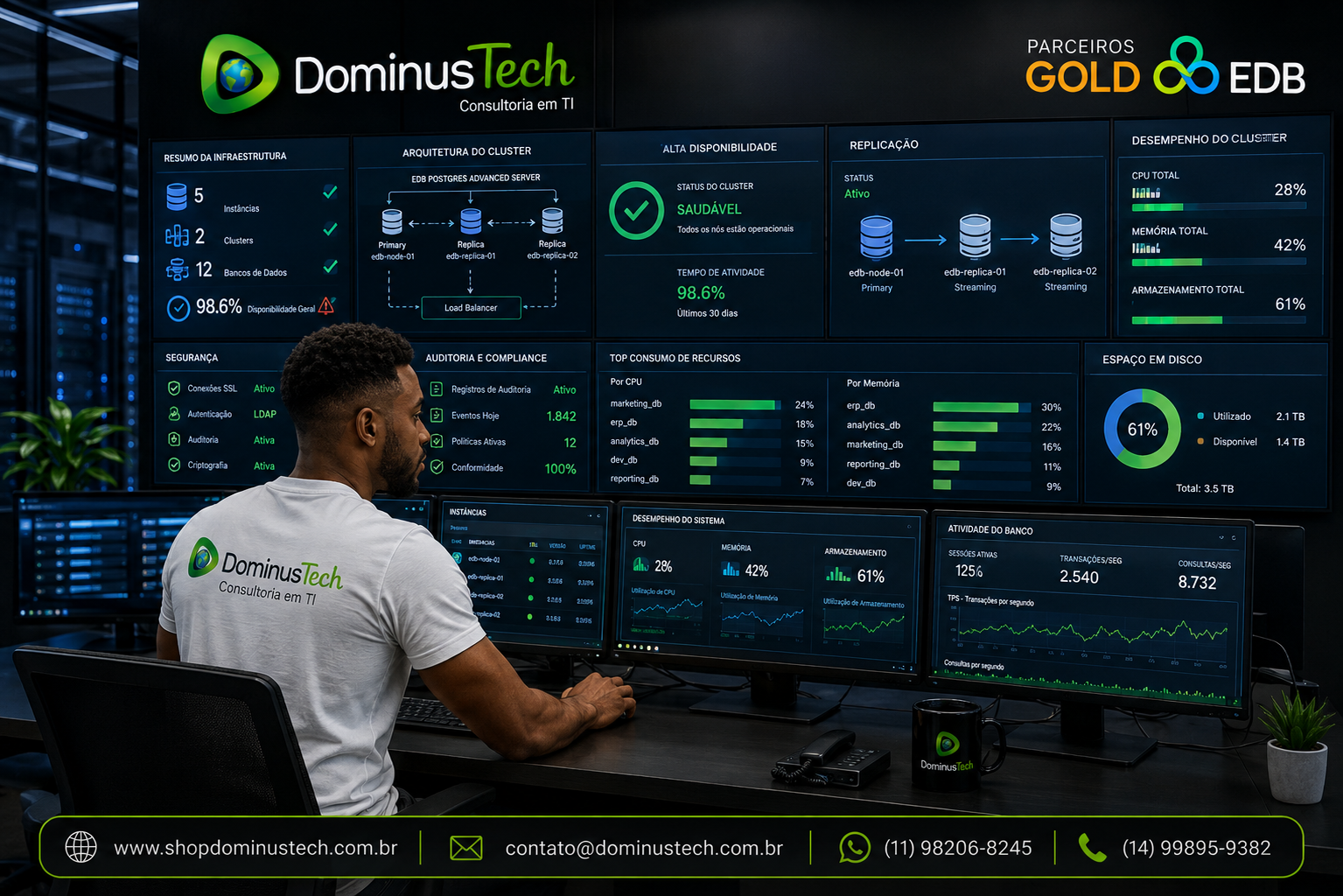 Administrador de banco de dados da Dominus Tech monitorando um ambiente EDB Postgres Advanced Server com dashboards de alta disponibilidade, replicação, segurança, auditoria, desempenho, utilização de CPU, memória e armazenamento em um centro corporativo de operações.