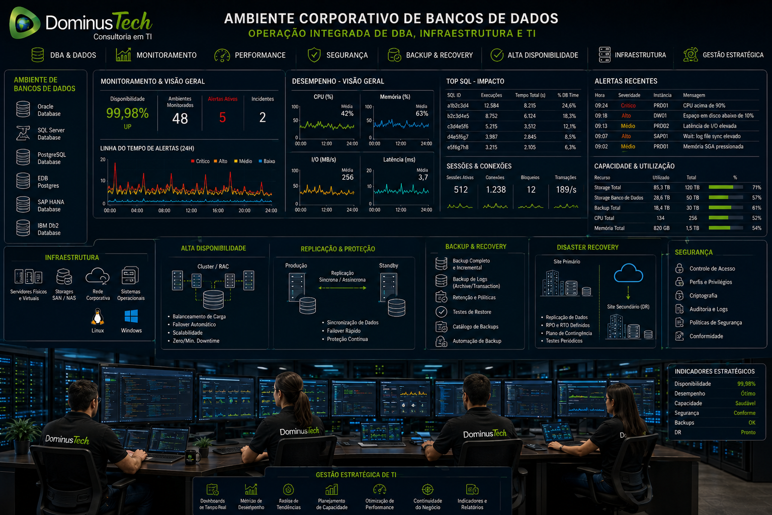 Ambiente corporativo de bancos de dados com equipe de DBA, dashboards de monitoramento, indicadores de performance, segurança, backup, alta disponibilidade e infraestrutura de TI da Dominus Tech.