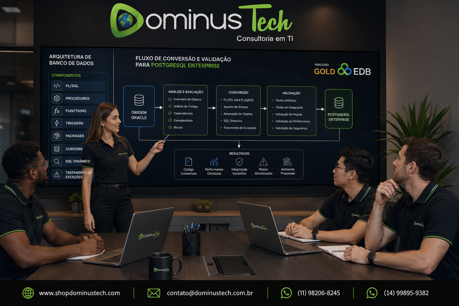 Equipe da Dominus Tech analisando arquitetura de banco de dados e fluxo de conversão para PostgreSQL Enterprise