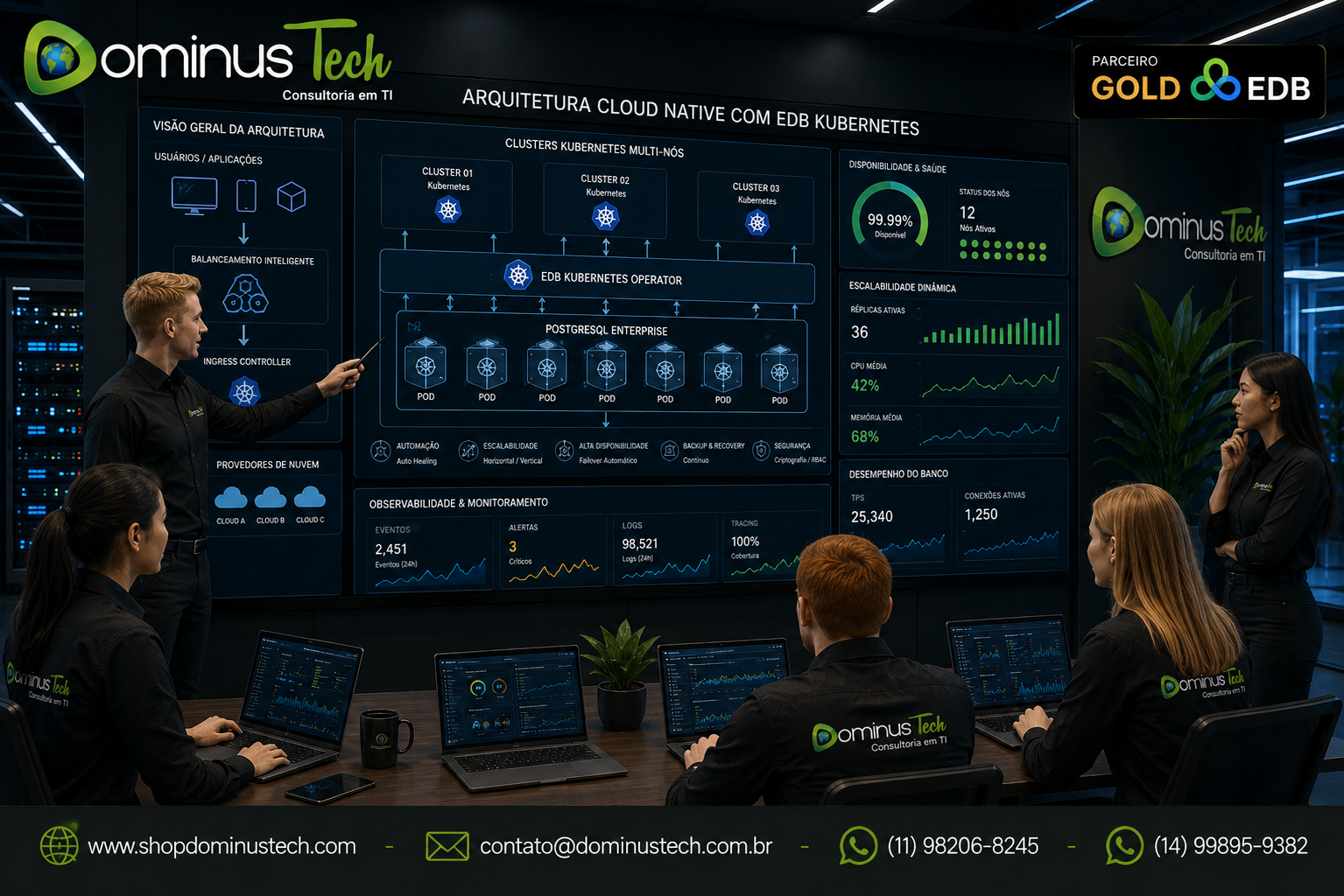 Equipe da Dominus Tech apresentando arquitetura Cloud Native com EDB Kubernetes, clusters de múltiplos nós, containers PostgreSQL Enterprise, automação, escalabilidade dinâmica, alta disponibilidade e monitoramento em tempo real.