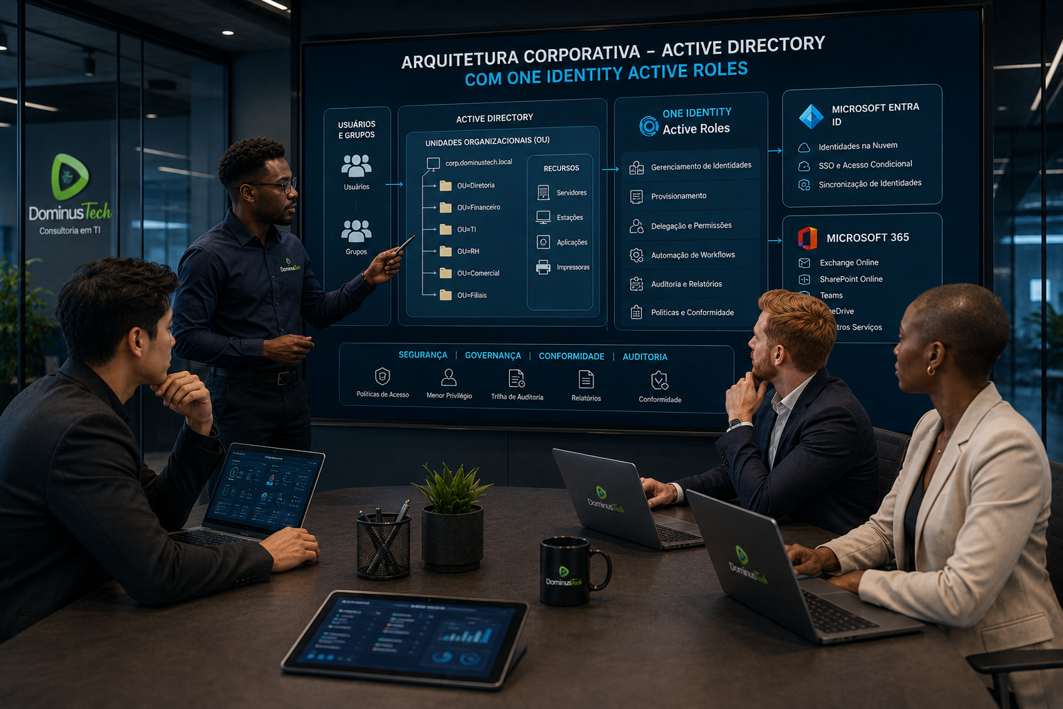 Text)Equipe Dominus Tech analisando arquitetura corporativa de Active Directory com One Identity Active Roles, usuários, grupos, unidades organizacionais, servidores, Microsoft Entra ID e Microsoft 365