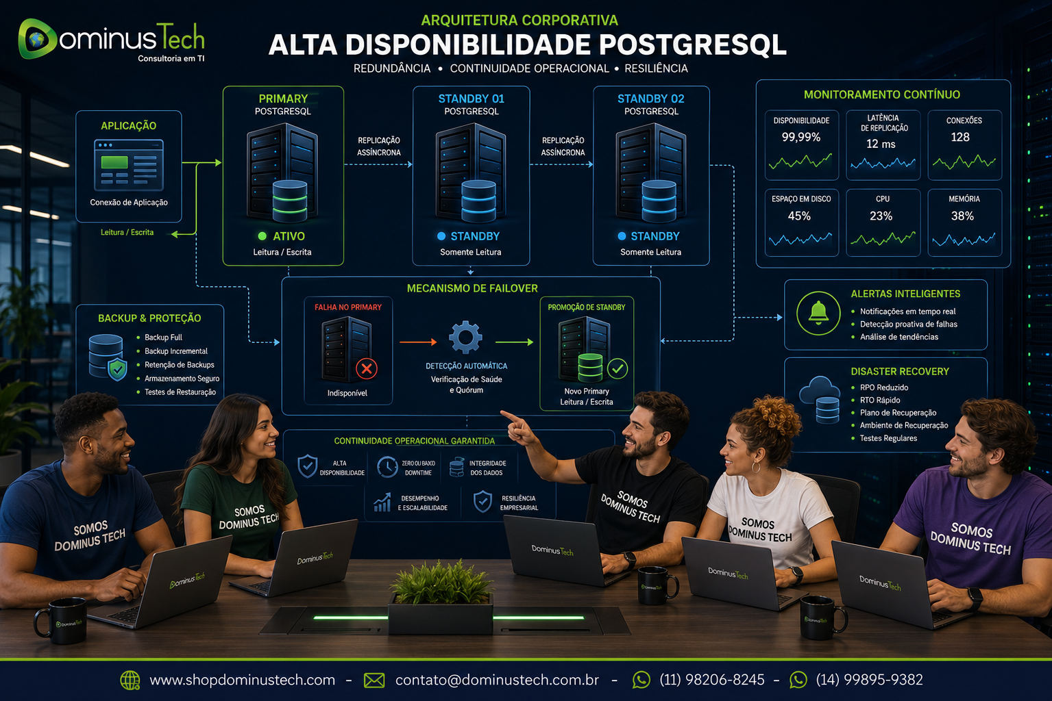 Equipe Dominus Tech analisando arquitetura corporativa de alta disponibilidade PostgreSQL com servidores Primary e Standby, replicação, failover, monitoramento, backup e Disaster Recovery.