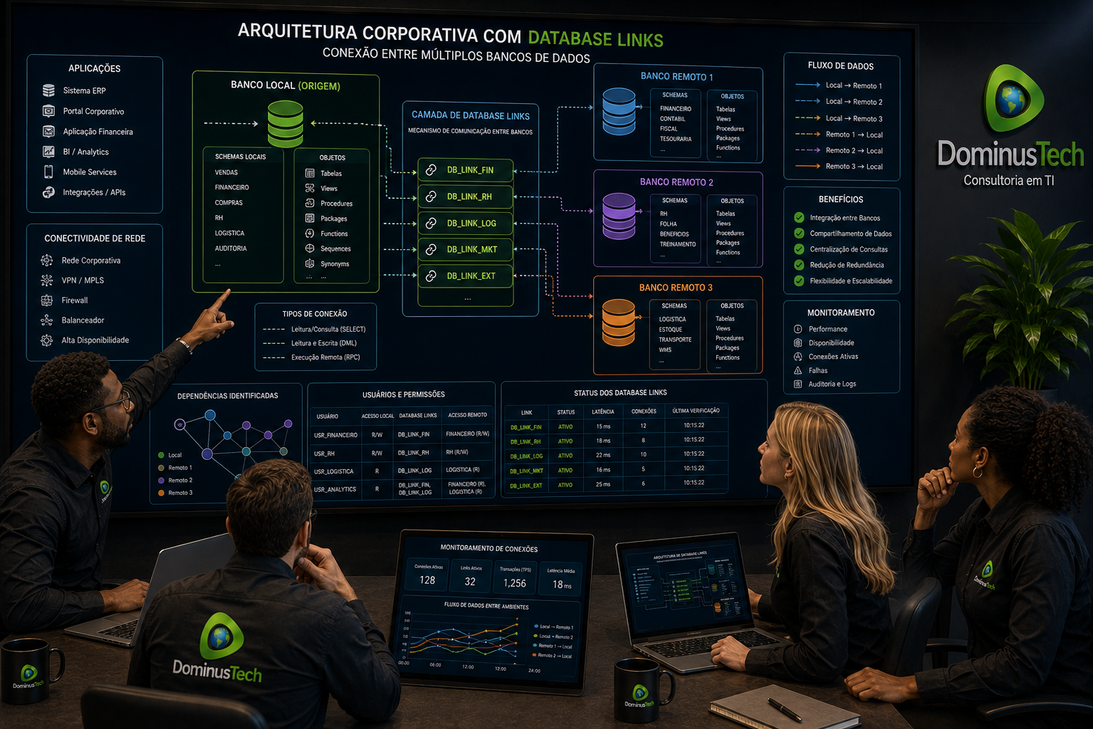 Equipe da Dominus Tech analisando uma arquitetura corporativa com Database Links, bancos de dados locais e remotos, aplicações, schemas, conexões de rede e fluxos de dados entre ambientes.
