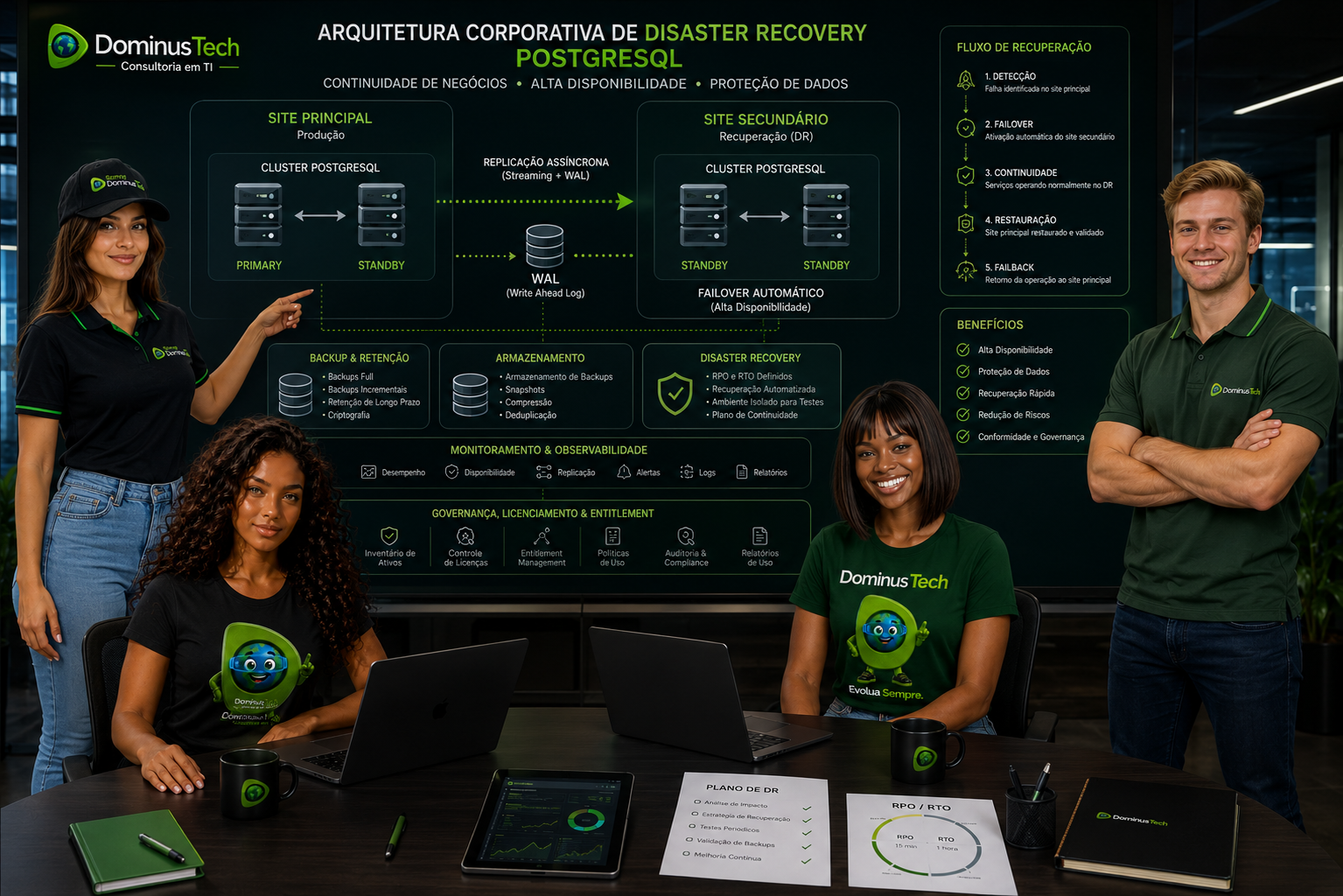 Equipe da Dominus Tech analisando arquitetura corporativa de Disaster Recovery PostgreSQL, com site principal e secundário, replicação, WAL, backup, alta disponibilidade, monitoramento e recuperação de dados.