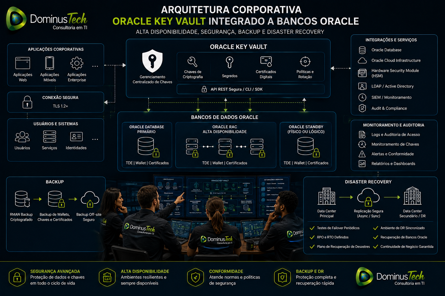 Arquitetura corporativa Dominus Tech mostrando Oracle Key Vault integrado a bancos Oracle, Oracle RAC, ambientes de alta disponibilidade, backup criptografado e Disaster Recovery