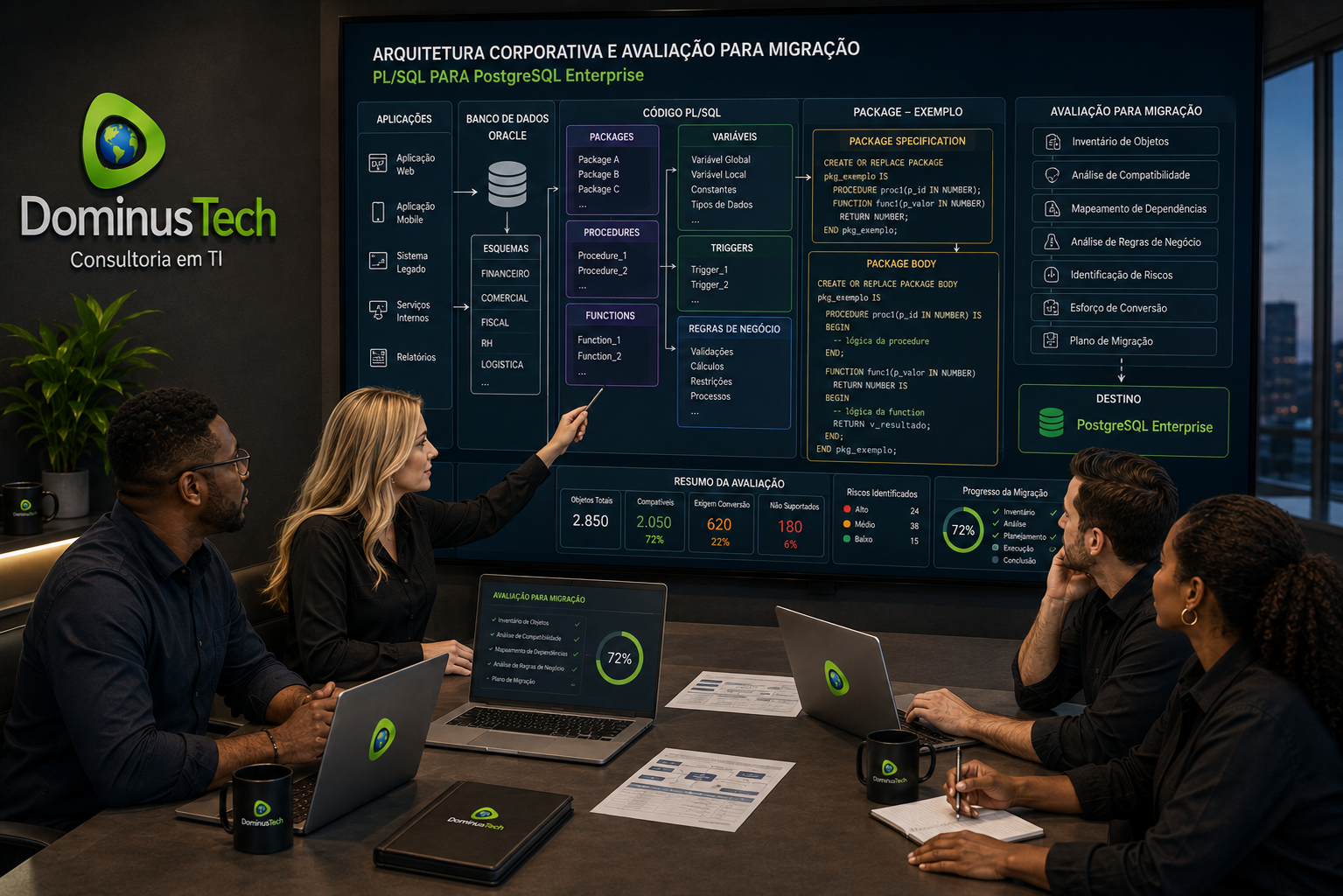 Equipe da Dominus Tech analisando arquitetura corporativa com aplicações, banco de dados, packages, procedures, functions, variáveis e regras de negócio, destacando Package Specification, Package Body e avaliação para migração para PostgreSQL Enterprise.