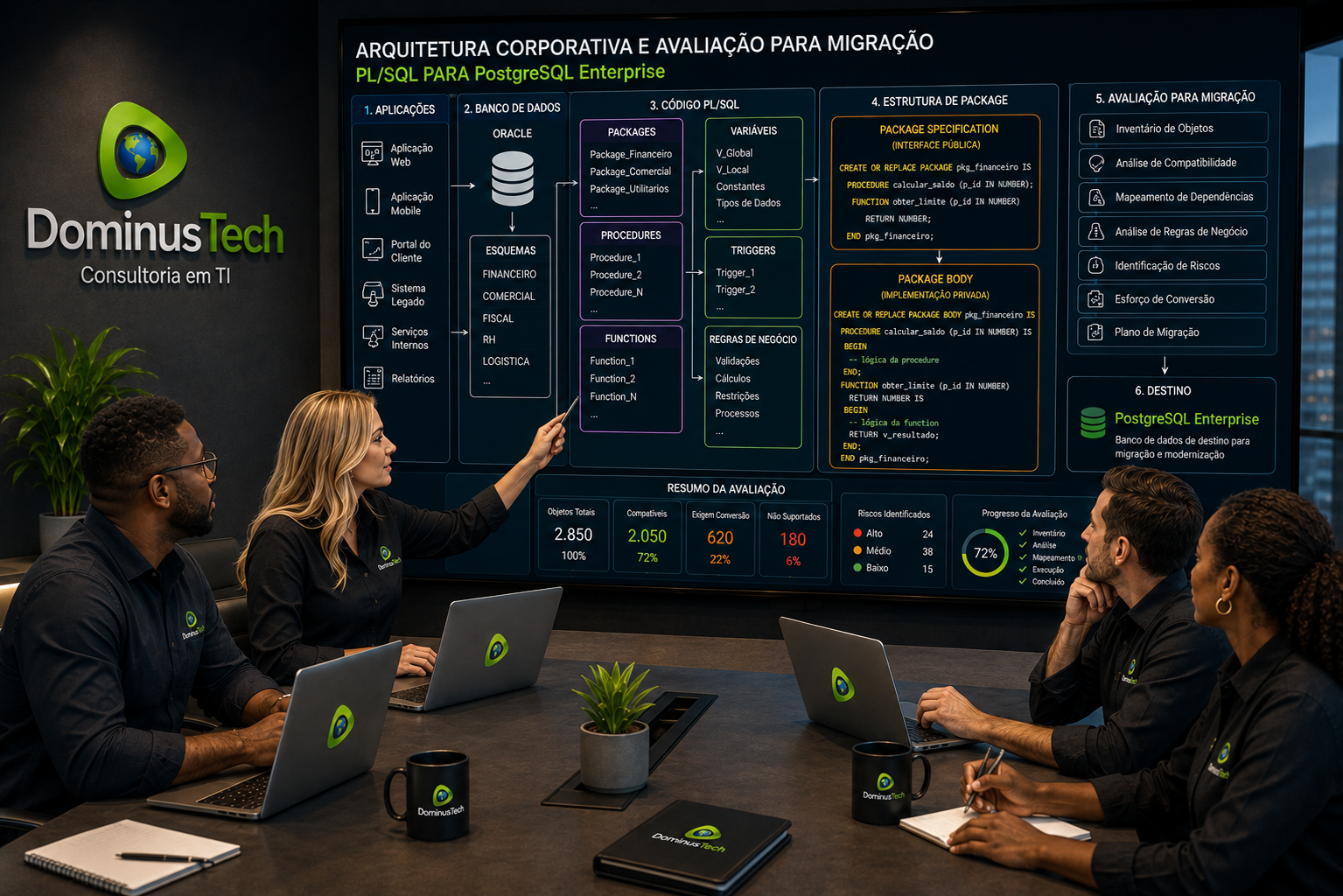 Equipe da Dominus Tech analisando arquitetura corporativa com aplicações, banco de dados, packages, procedures, functions, variáveis e regras de negócio, destacando Package Specification, Package Body e avaliação para migração para PostgreSQL Enterprise.