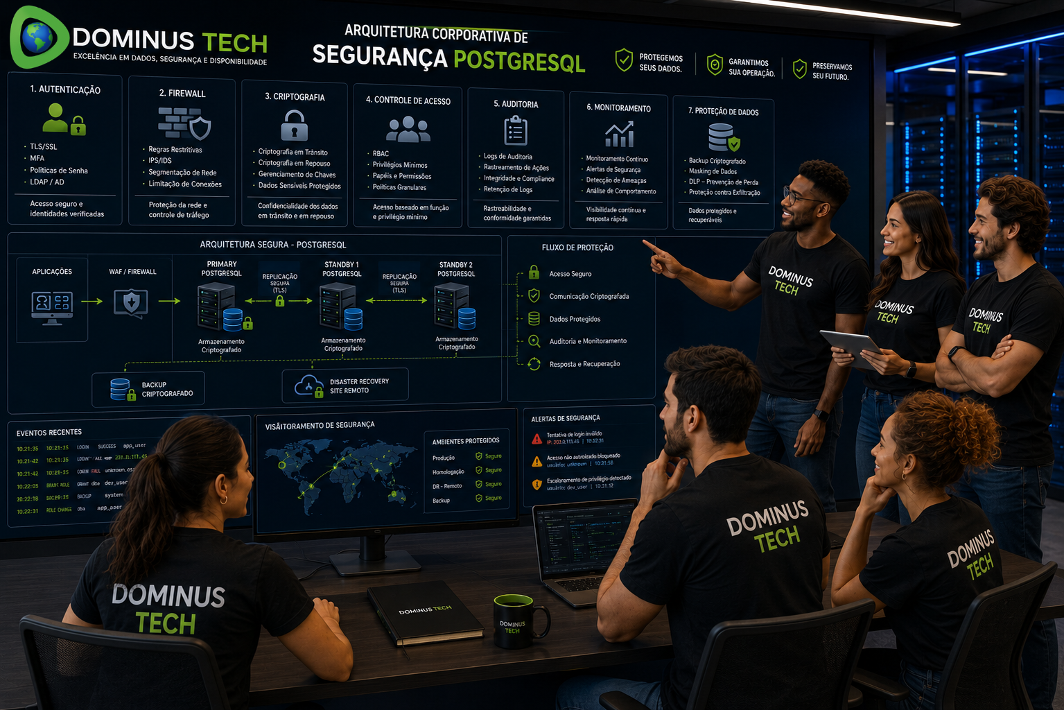 Equipe técnica da Dominus Tech analisando arquitetura corporativa de segurança PostgreSQL com autenticação, firewall, criptografia, controle de acesso, auditoria, monitoramento e proteção de dados.