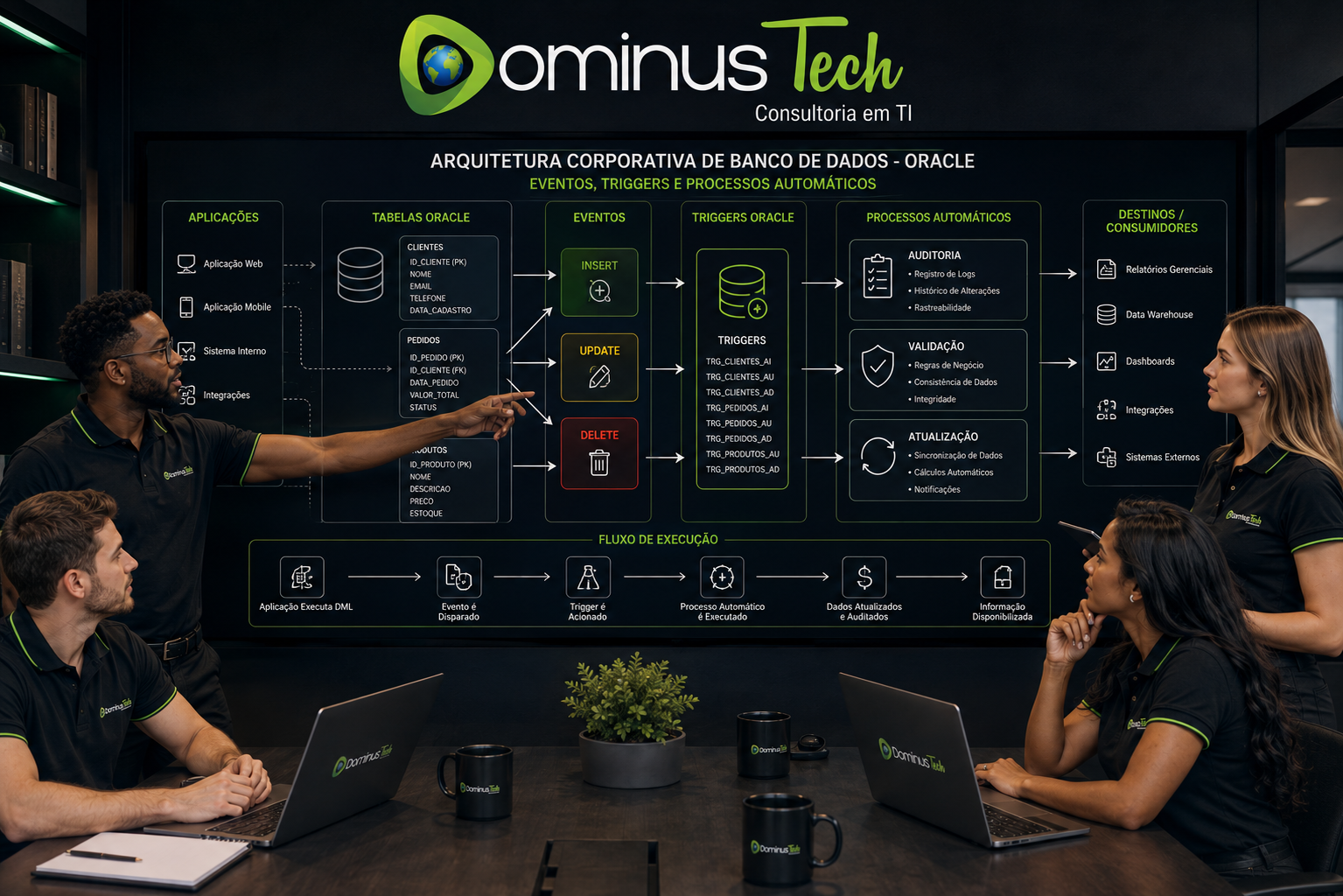 Equipe da Dominus Tech analisando arquitetura corporativa de banco de dados com Triggers Oracle, tabelas, procedures, functions e eventos INSERT UPDATE DELETE