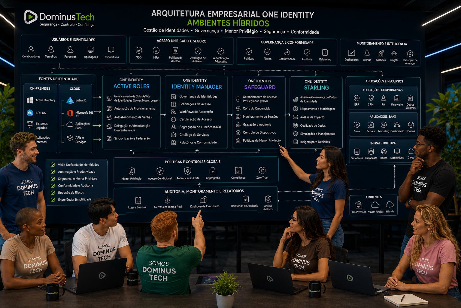 Equipe da Dominus Tech analisando uma arquitetura empresarial One Identity para ambientes híbridos, integrando Active Directory, Entra ID, Microsoft 365, aplicações SaaS, Active Roles, Identity Manager, Safeguard e Starling, com foco em governança de identidades, gerenciamento de acessos privilegiados, segurança, conformidade e menor privilégio.
