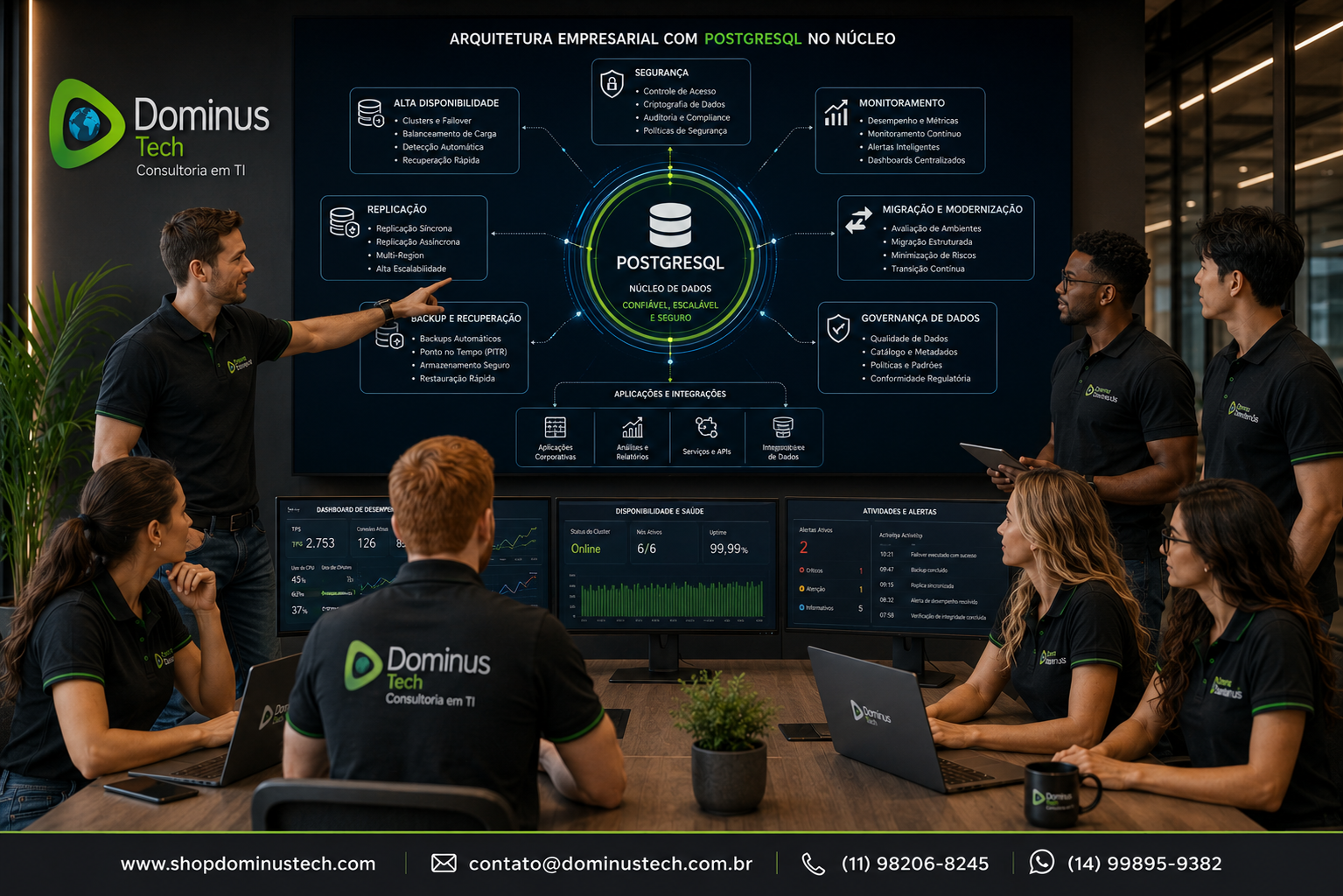 Equipe Dominus Tech analisando arquitetura empresarial com PostgreSQL no núcleo, recursos de segurança, alta disponibilidade, replicação, monitoramento, backup e migração em dashboards corporativos.