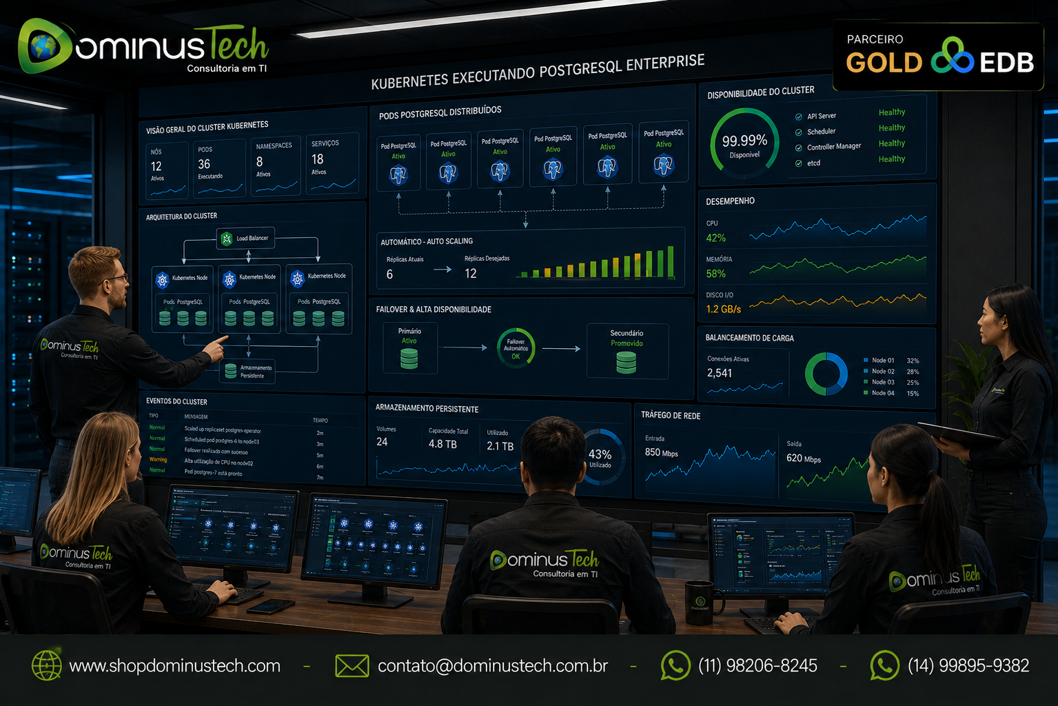 Especialistas da Dominus Tech apresentando arquitetura Kubernetes corporativa com PostgreSQL Enterprise distribuído entre múltiplos provedores de nuvem, com clusters, containers, automação, DevOps e dashboards operacionais.