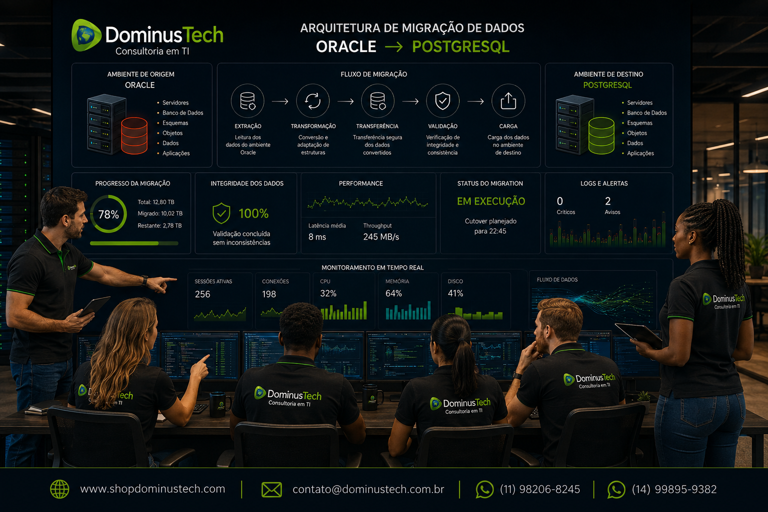 Equipe Dominus Tech analisando arquitetura corporativa de migração de dados Oracle para PostgreSQL, com fluxo de migração, validação, desempenho e monitoramento em tempo real.