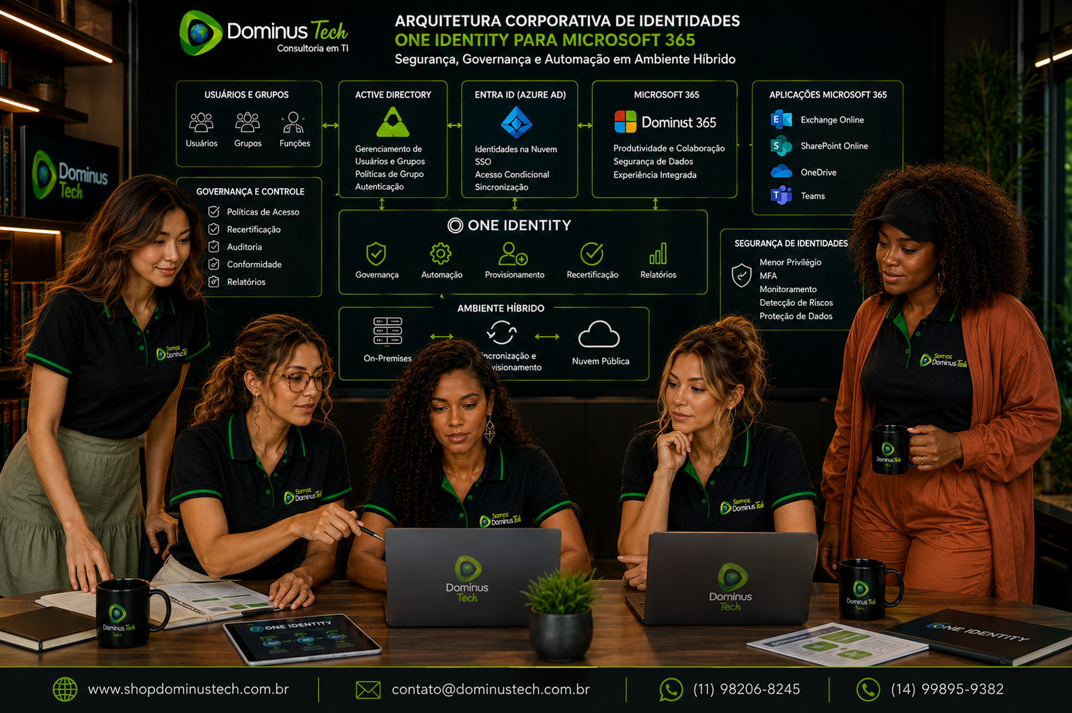 Equipe da Dominus Tech analisando arquitetura corporativa de identidades para Microsoft 365, com Active Directory, Entra ID, Exchange Online, SharePoint Online, OneDrive, governança, automação e segurança de acessos.