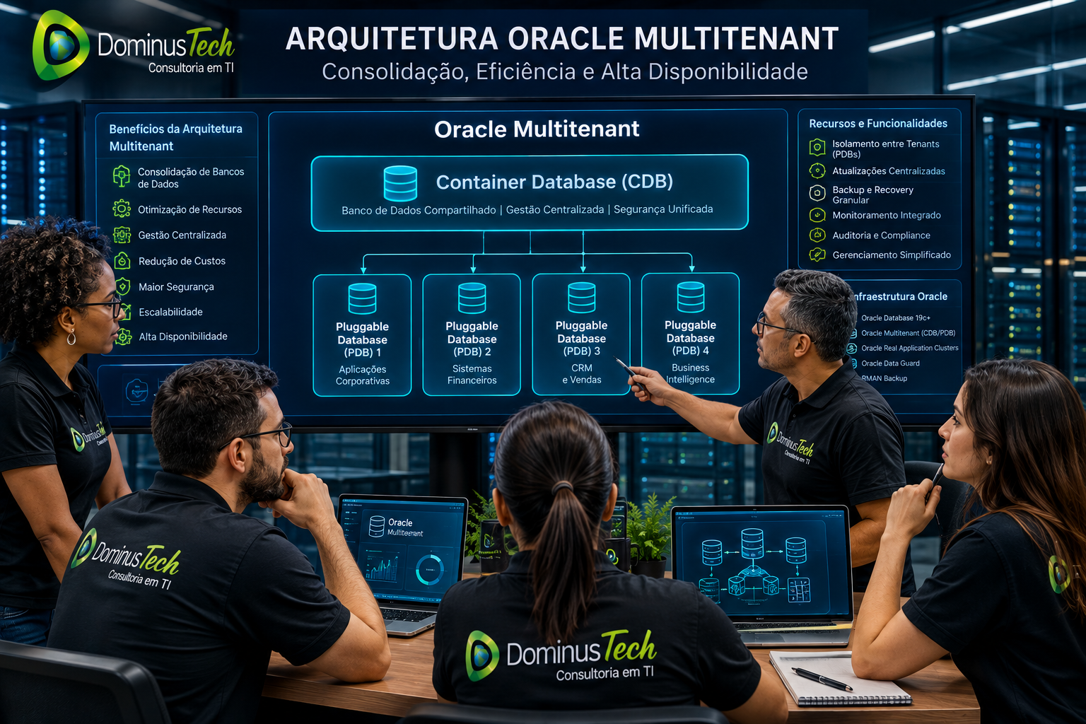 Equipe Dominus Tech analisando arquitetura Oracle Multitenant com Container Database e múltiplos Pluggable Databases em ambiente corporativo de infraestrutura