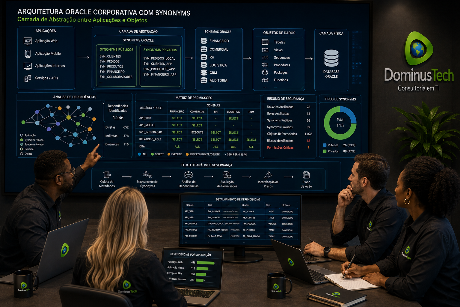Equipe da Dominus Tech analisando arquitetura corporativa com múltiplos schemas, aplicações, Synonyms Oracle, tabelas, views, sequences, procedures e packages, avaliando dependências e permissões para migração para EDB Postgres.