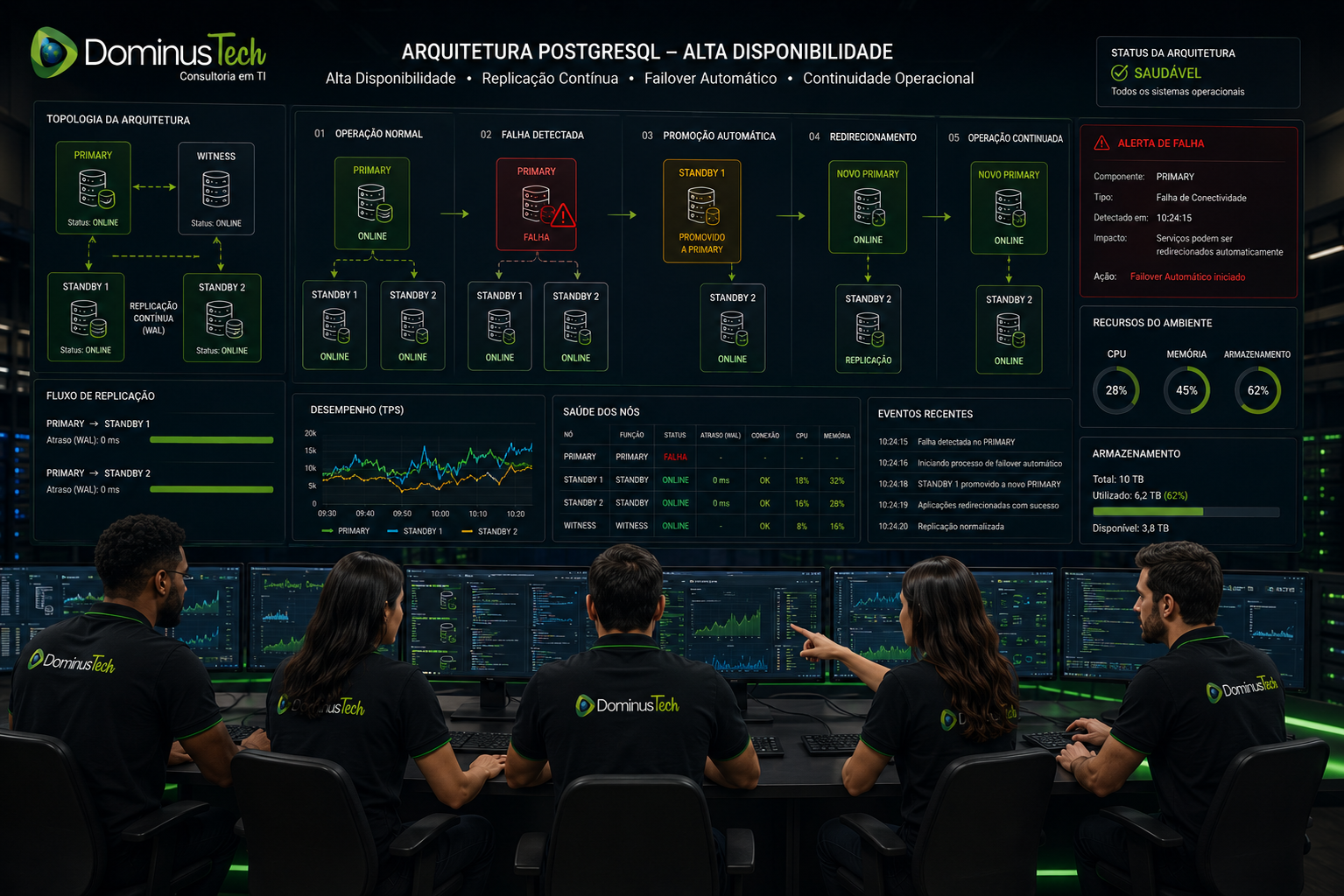 Equipe da Dominus Tech acompanhando uma arquitetura PostgreSQL de alta disponibilidade em um centro de operações, com servidores Primary, Standby e Witness, replicação contínua, monitoramento da infraestrutura, alerta de falha e promoção automática do novo Primary.