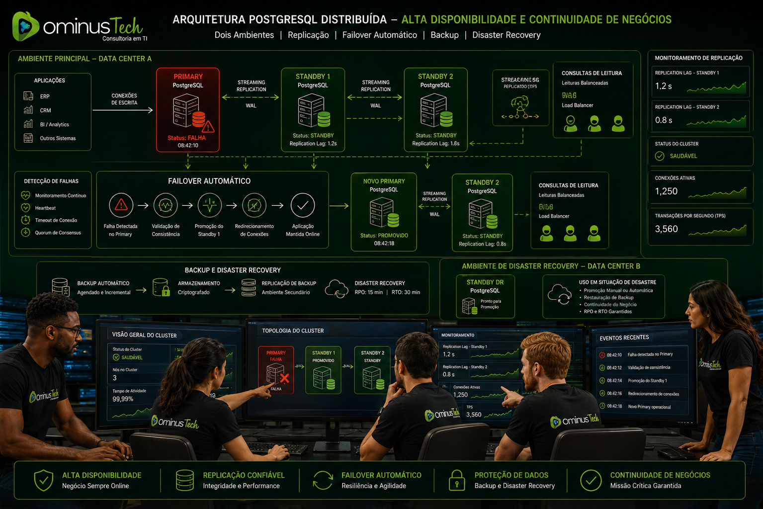 Equipe da Dominus Tech analisando uma arquitetura PostgreSQL distribuída com replicação, failover automático, alta disponibilidade, backup e Disaster Recovery em um moderno centro de operações de tecnologia.