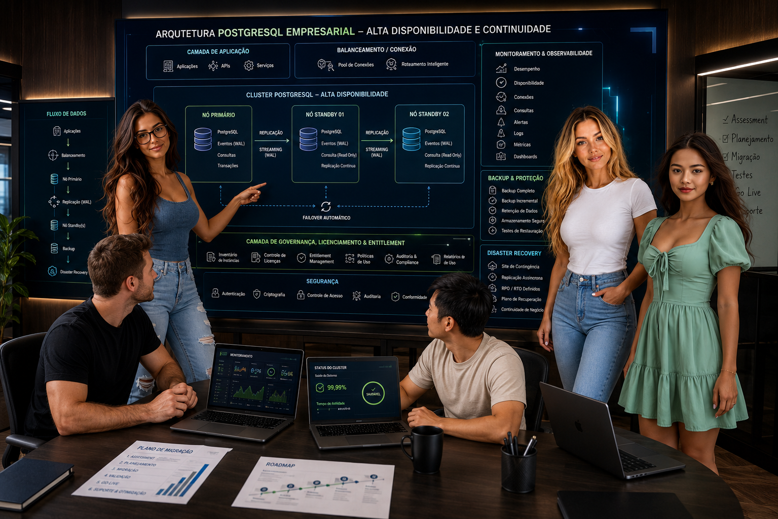 Equipe de especialistas da Dominus Tech analisando arquitetura PostgreSQL empresarial de alta disponibilidade, com cluster, replicação, monitoramento, backup, segurança e disaster recovery.